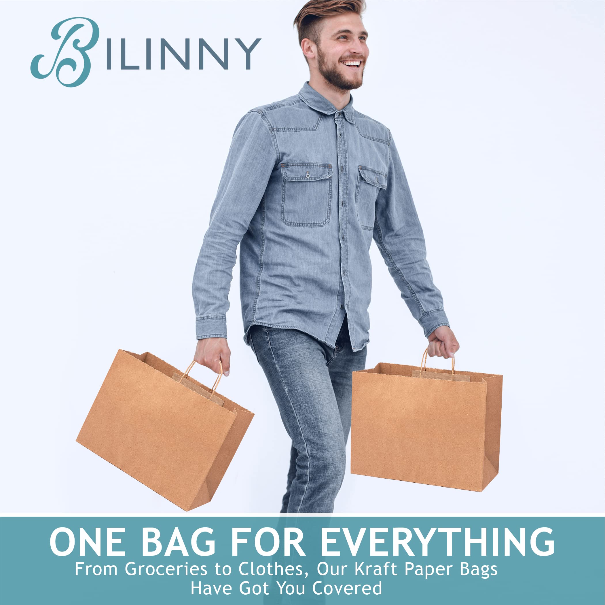 Bilinny 50 Pack Large Brown Paper Bags with Handles - 16x6x12 Inches Eco-Friendly Shopping Bags for Grocery, Retail, Gift Wrapping & Parties