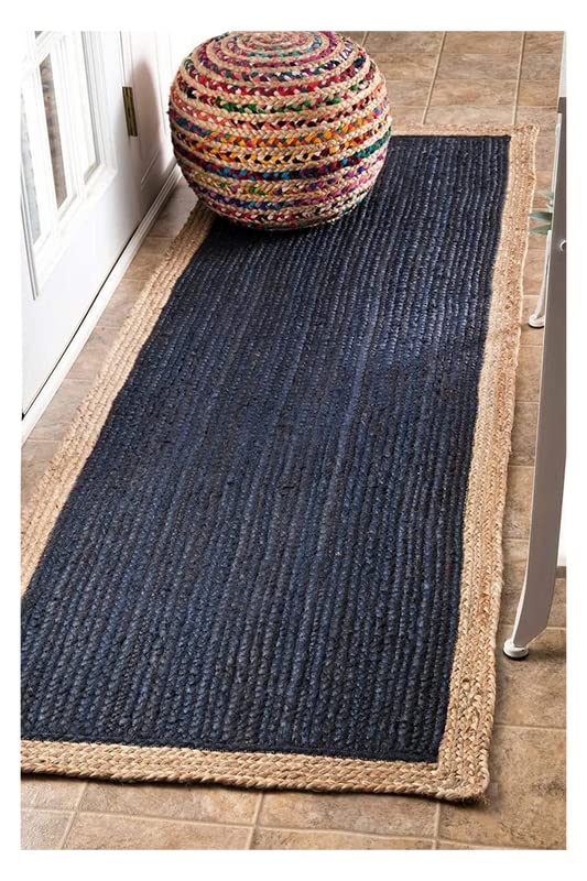 Handwoven Indian Jute Rug - Natural Bohemian Boho Area Rug 2.5x10 ft Runner in Blue by BALAJIARTCRAFTS | Perfect for Living Room, Bedroom, or Hallway Runner