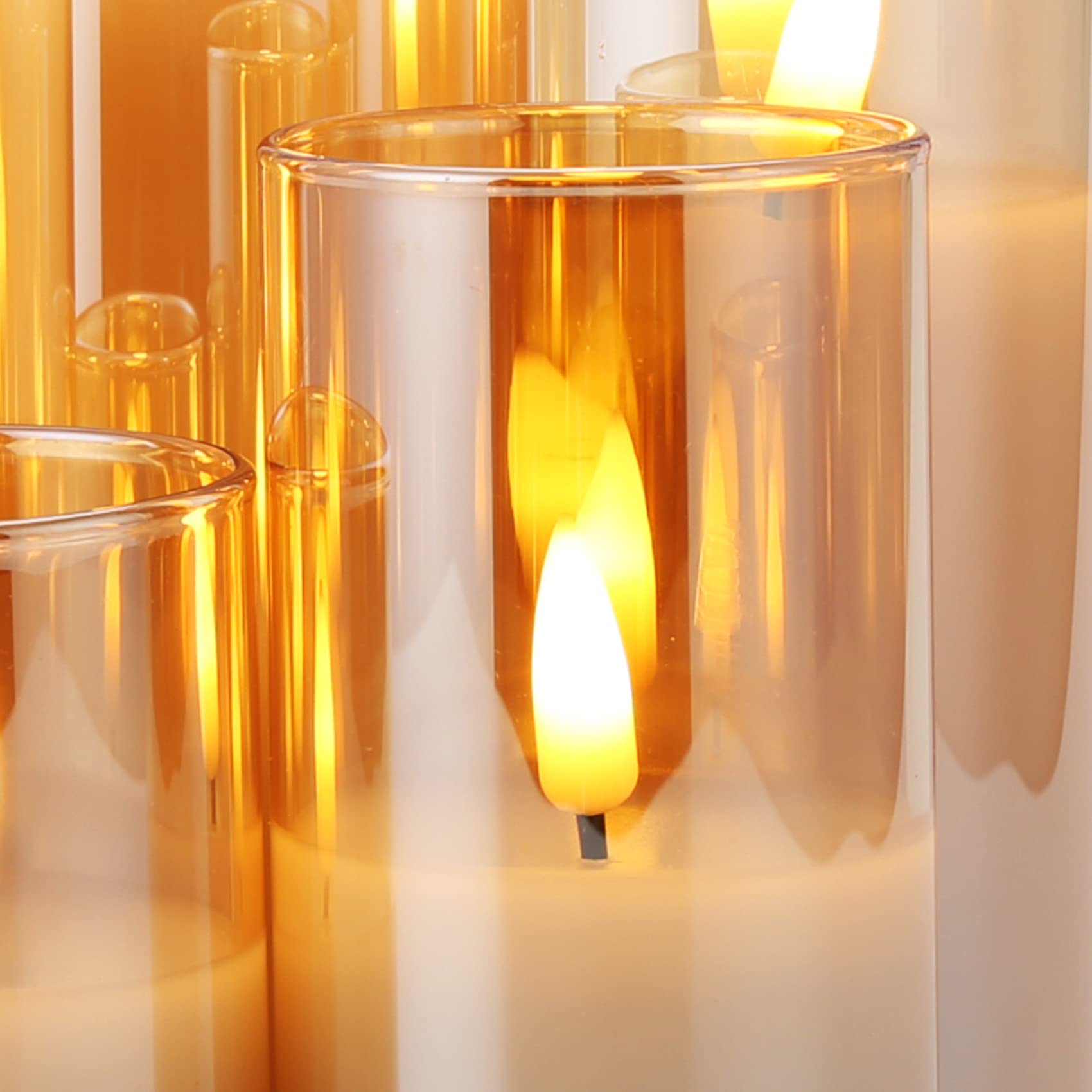 Premium Gold Glass Flameless Candles with Remote Control - Set of 5 Slim Tall Flickering LED Votive Pillar Candles for Christmas, Weddings, Home Decor & Romantic Ambiance