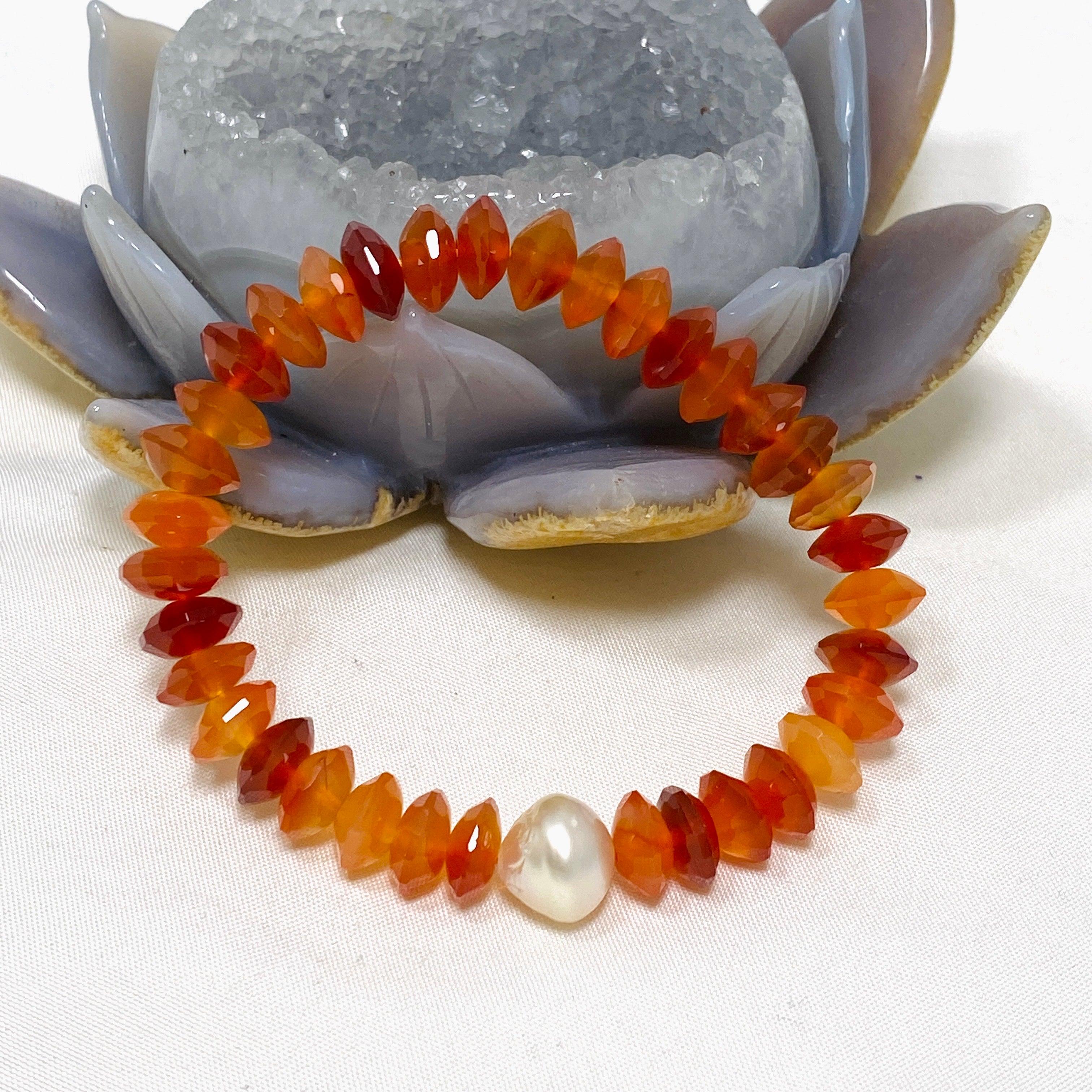 Natural Carnelian Faceted Bead & Pearl Gemstone Bracelet for Women - Handmade Healing Crystal Jewelry - Perfect for Meditation, Yoga & Spiritual Gifts (GB EP CAR 02)