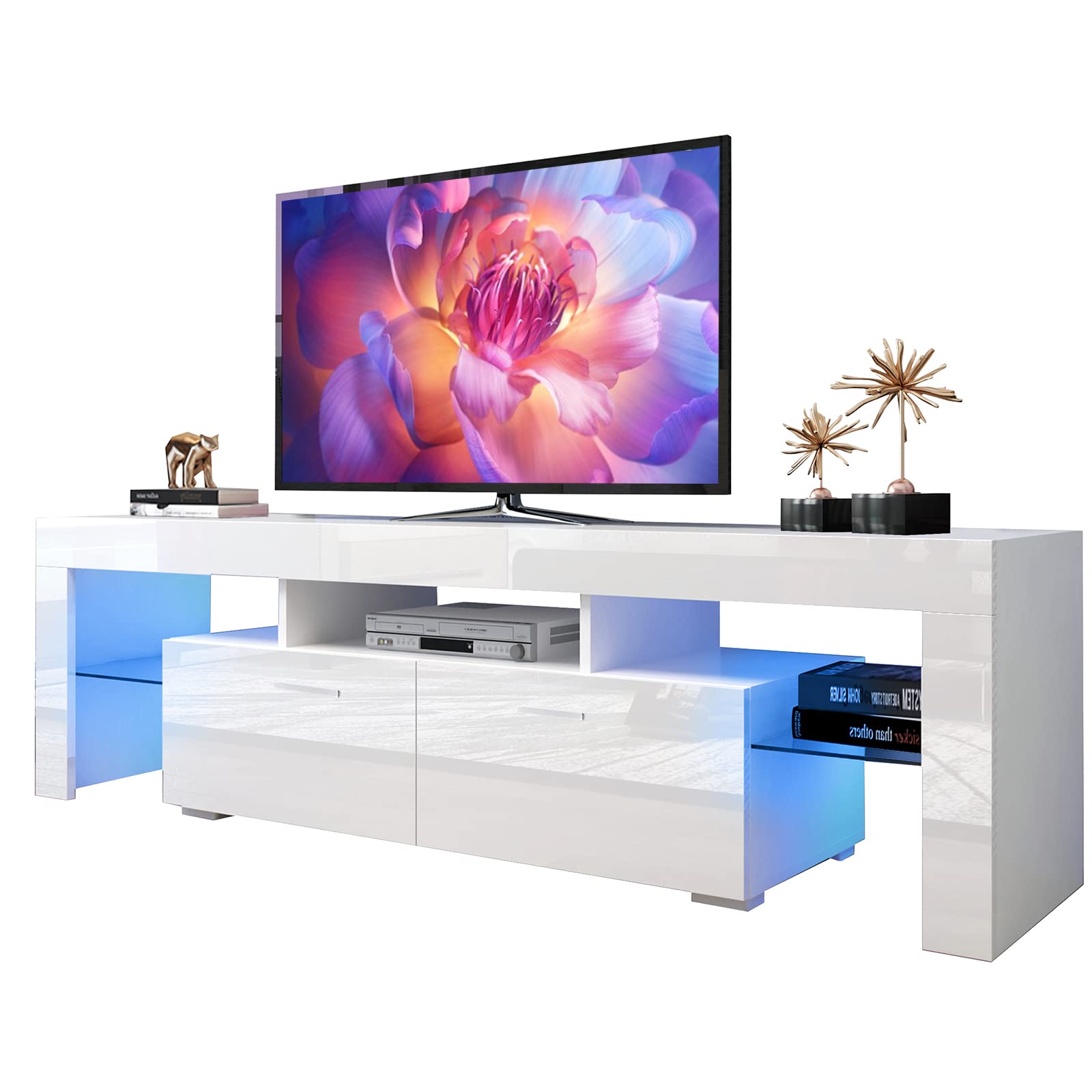 Modern LED TV Stand with 16-Color RGB Lighting - Media Storage Console with 2 Drawers for 70 Inch TVs - Glossy Entertainment Center Cabinet for Living Room | Perfect for Gaming Setups & Home Theater Systems