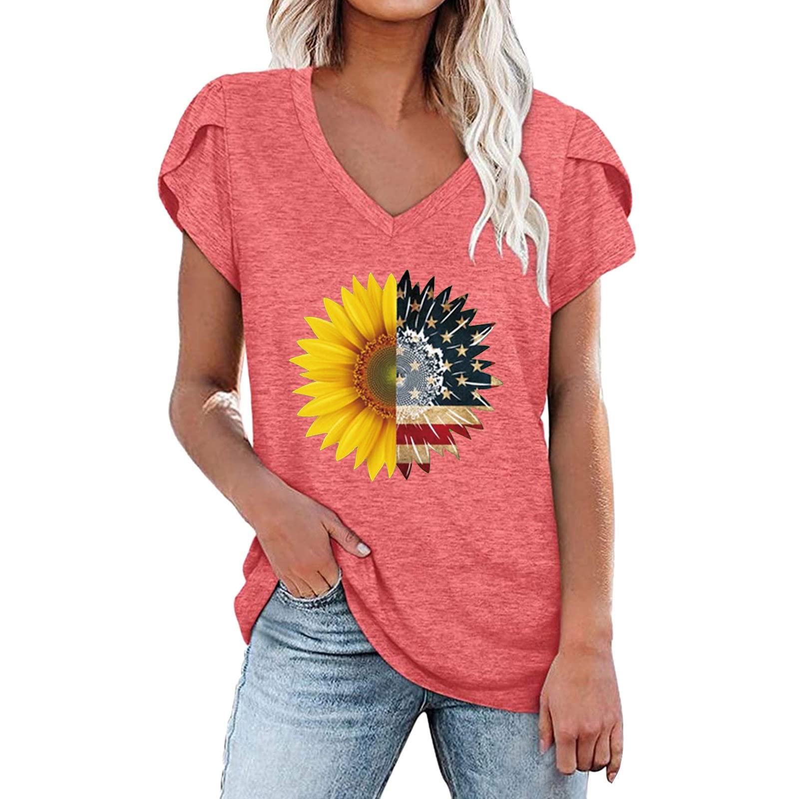 American Flag Shirt for Women - V Neck Short Sleeve Patriotic T-Shirt with Sunflower Print, Loose Fit Comfortable Top | Perfect for 4th of July, Memorial Day & Summer Outfits