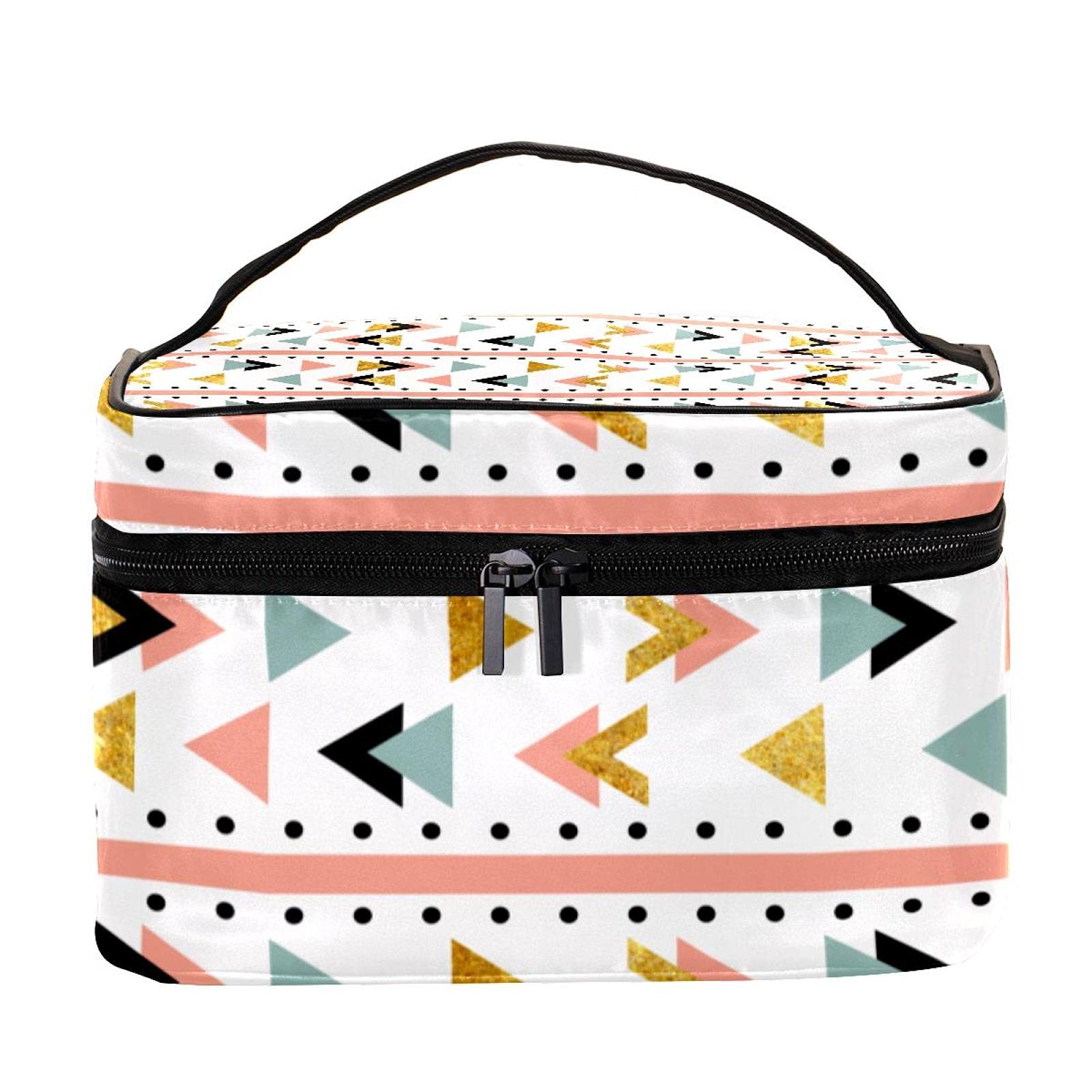 Vintage Geometric Triangle Print Travel Makeup Bag - Large Cosmetic Organizer with Zipper for Women & Girls | Perfect for Vacation, Gym & Daily Essentials Storage