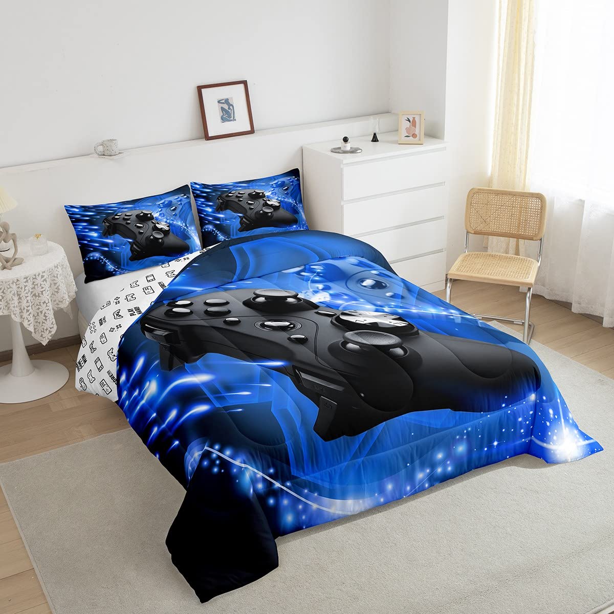Erosebridal Teens Gamer Comforter Set - Twin Size Video Game Themed Bedding for Boys & Girls | Controller & Joystick Design Gaming Duvet Cover | Perfect for Bedroom, Living Room & Game Room Decor | Blue