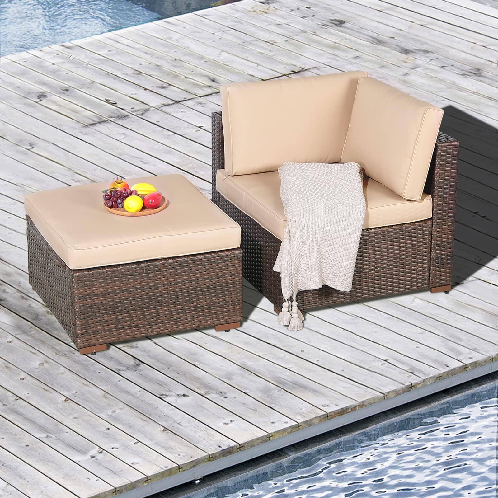 2-Piece Patio Furniture Sofa Set - All-Weather Brown PE Wicker Rattan Outdoor Sectional Sofa with Beige Cushions - Perfect for Garden, Balcony, Poolside & Backyard Relaxation