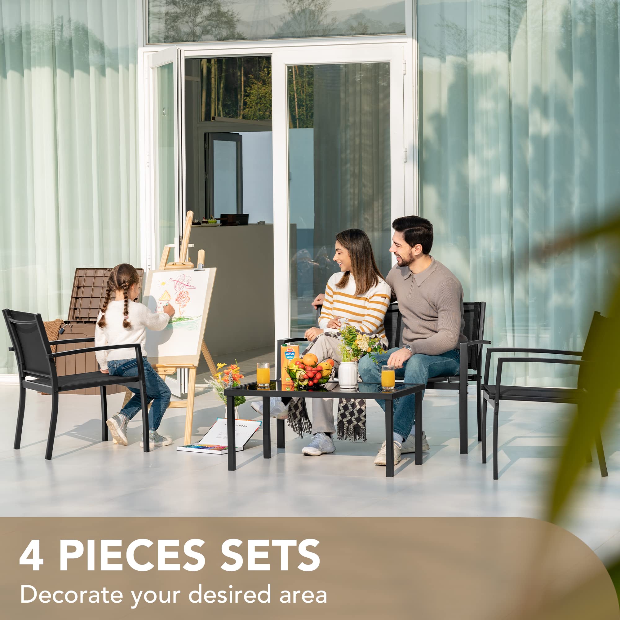 Devoko 4-Piece Outdoor Patio Furniture Set - Black Wicker Garden Conversation Set with Tempered Glass Coffee Table - Perfect for Poolside, Lawn, Porch & Backyard Relaxation