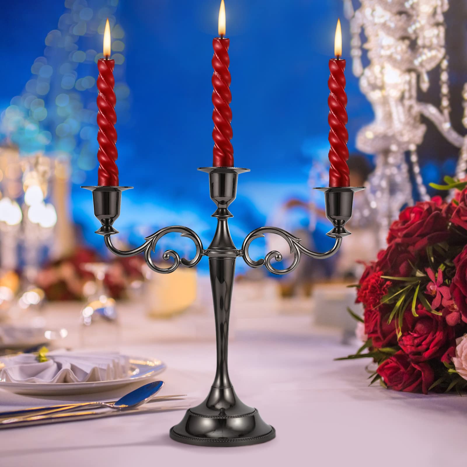 Dyna-Living 3-Arm Black Metal Candelabra Candle Holder for Long Candles - Elegant Wedding, Party & Anniversary Decor (Set of 2) - Perfect for Dining Table Centerpieces, Fireplace Mantels & Romantic Ambiance
