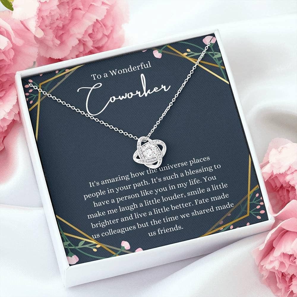 Personalized Love Knot Necklace - Handmade Jewelry Gift for Coworkers Farewell, Women's Going Away Present in White & Gold, Custom Sizes - Perfect for Office Goodbyes & Special Occasions