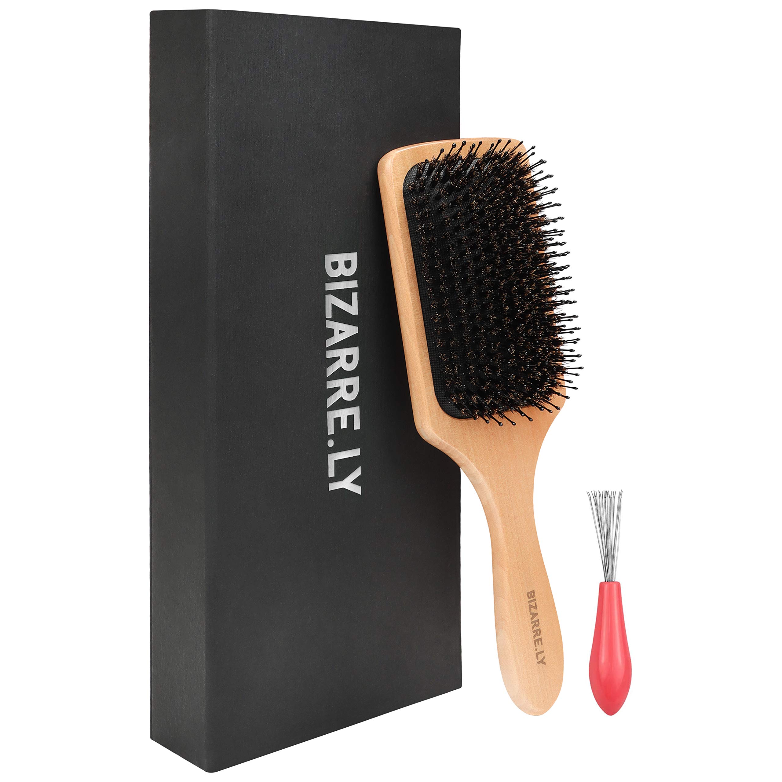 Bizarre.ly Boar Bristle Hair Brush with Cleaner - Wooden Paddle Brush for All Hair Types (Long, Thick, Curly, Wavy, Short) - Reduce Breakage & Frizz - Detangles Dry/Damaged Hair - Includes Gift Box - Perfect for Home, Travel & Salon Use