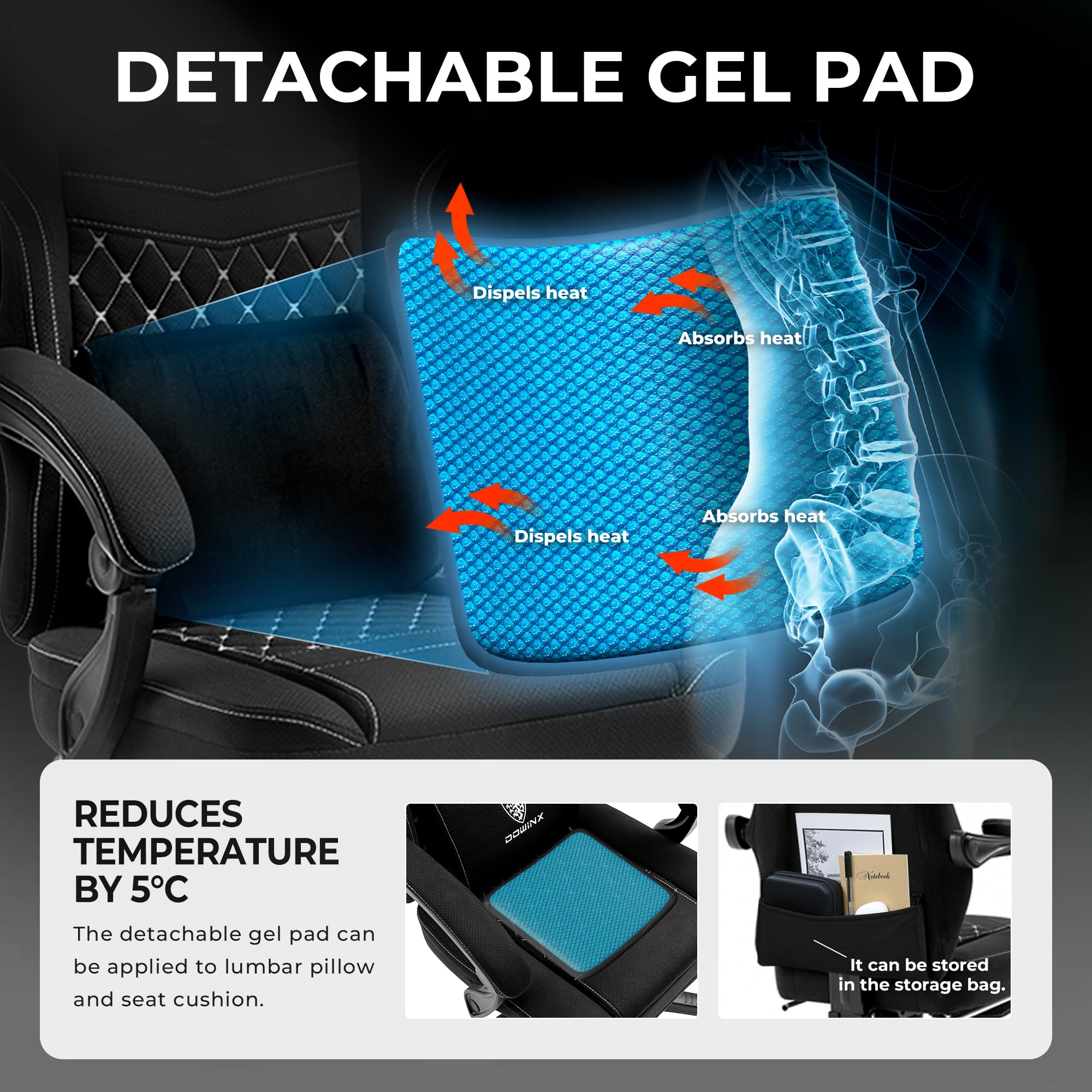 Dowinx Ergonomic Gaming Chair with Breathable Fabric & Pocket Spring Cushion - Comfortable Office Chair with Gel Seat Pad, Massage Function & Footrest - Perfect for PC Gaming, Home Office & Streaming Setup (Black)
