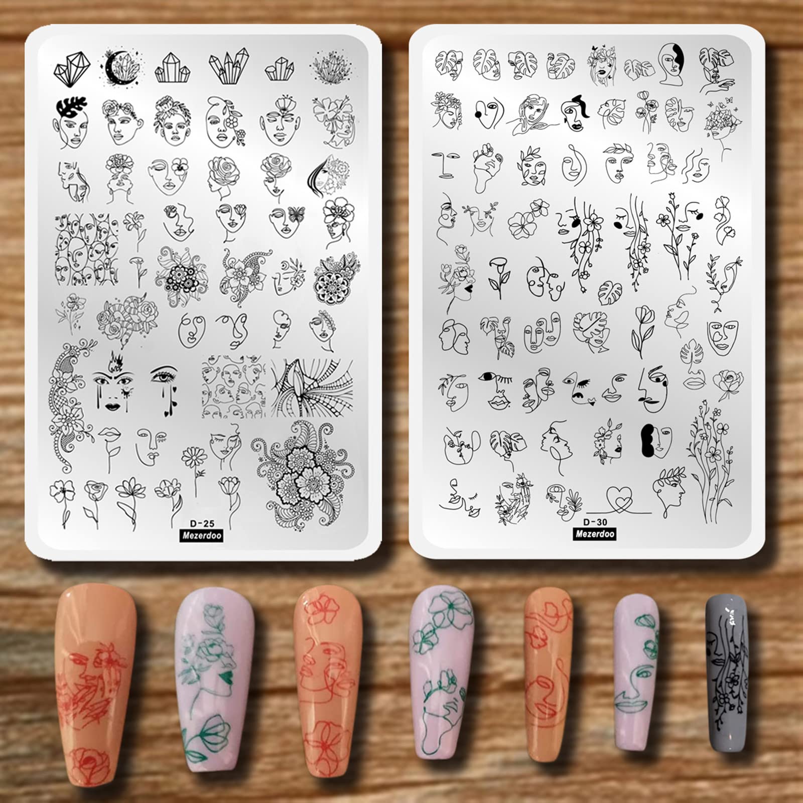 Large Abstract Face Nail Stamping Plates Set - 2PC Floral Leaf & Geometric Wave Design Nail Art Stencils for DIY Manicure | Reusable Nail Stamp Plates for Professional & Home Salon Use