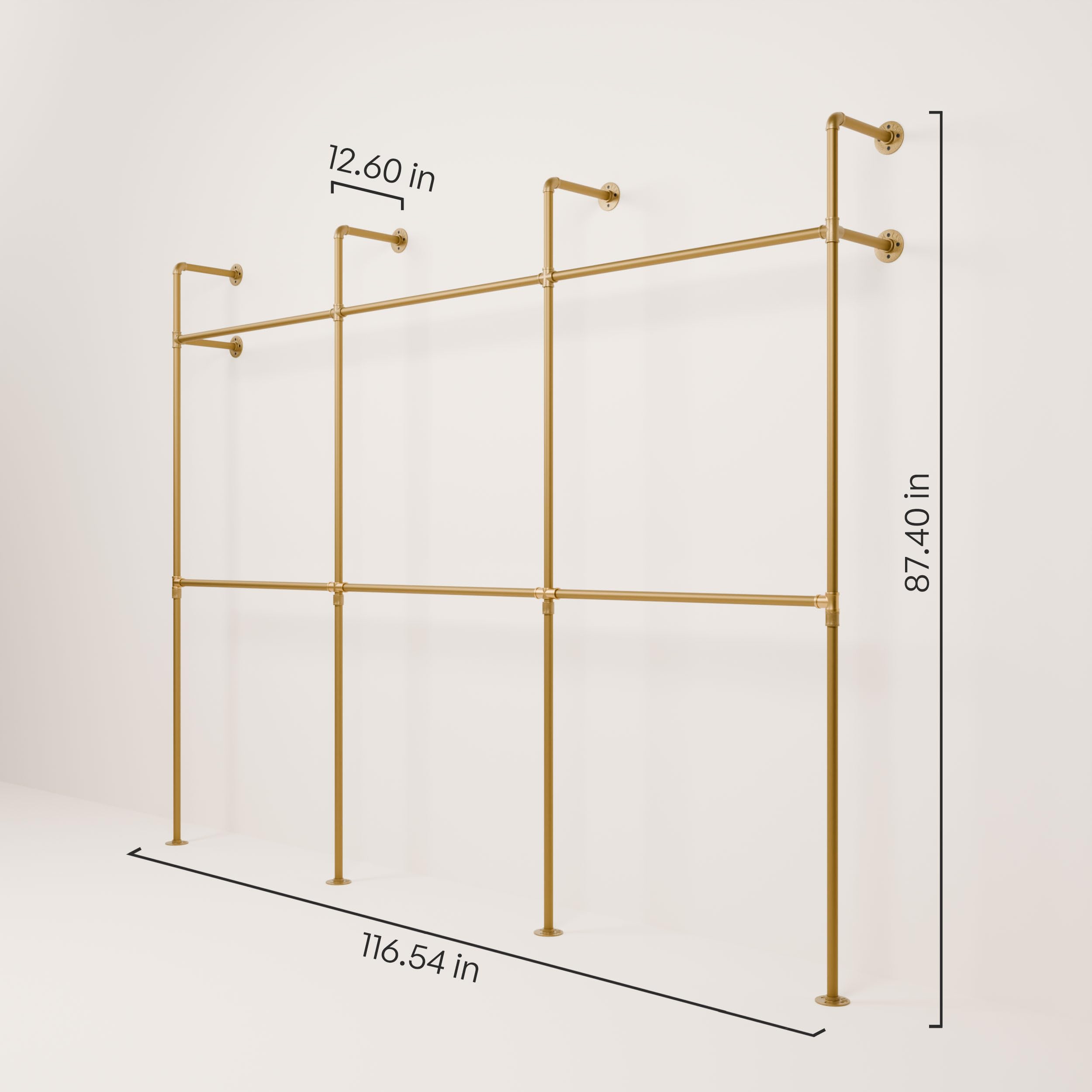 Heavy Duty Industrial Pipe Clothing Rack - Gold Wall Mounted Garment Rack with 880 lbs Capacity - Walk-In Closet Organizer for Bedroom, Laundry Room & Commercial Use