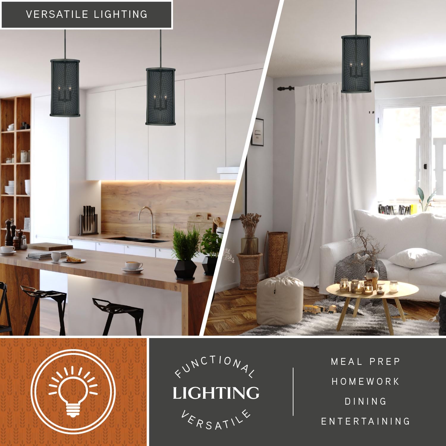VAXCEL Wicker Park 3-Light Black Industrial Candle Cylinder Pendant Light Fixture - Perfect for Kitchen Island, Dining Room, and Farmhouse Decor