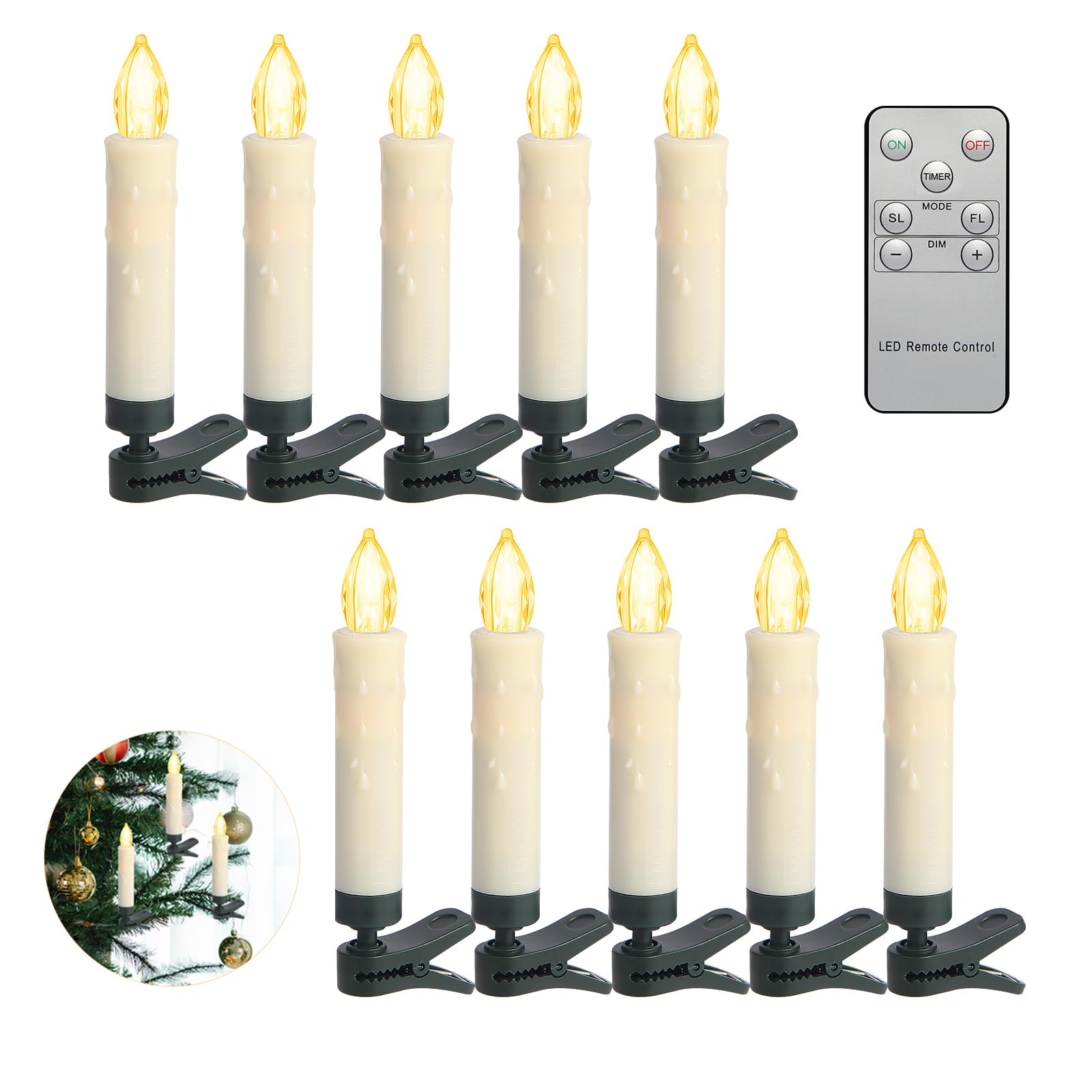 10 PCS LED Christmas Tree Clip-On Candles - Battery Operated Flameless Taper Candles with Remote & Timer, Warm White Flickering Lights for Holiday Home Decor - Perfect for Xmas Tree, Mantel & Tabletop Decoration