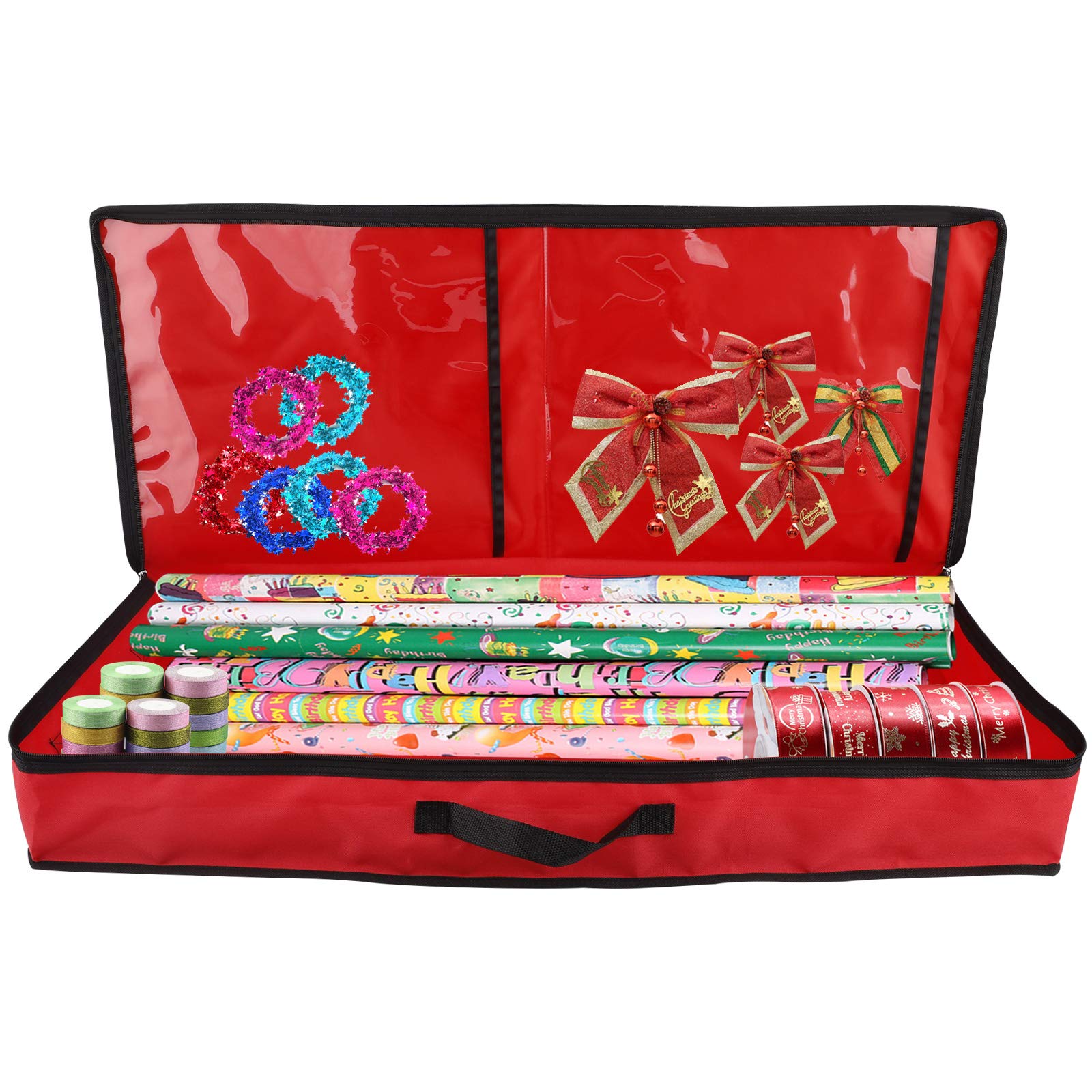 Takefuns Christmas Wrapping Paper Storage Bag with Interior Pockets - Fabric Gift Wrap Organizer for Bows, Cards, Tags & Ribbons (Red) | Holiday Decoration Storage & Gift Wrapping Accessories