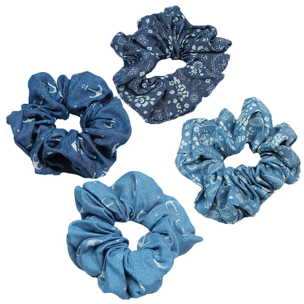 Lurrose 4-Pack Denim Hair Scrunchies - Stylish Hair Ties & Ponytail Holders for Women & Girls (Random Styles) - Perfect for School, Work, Gym & Everyday Fashion Accessories