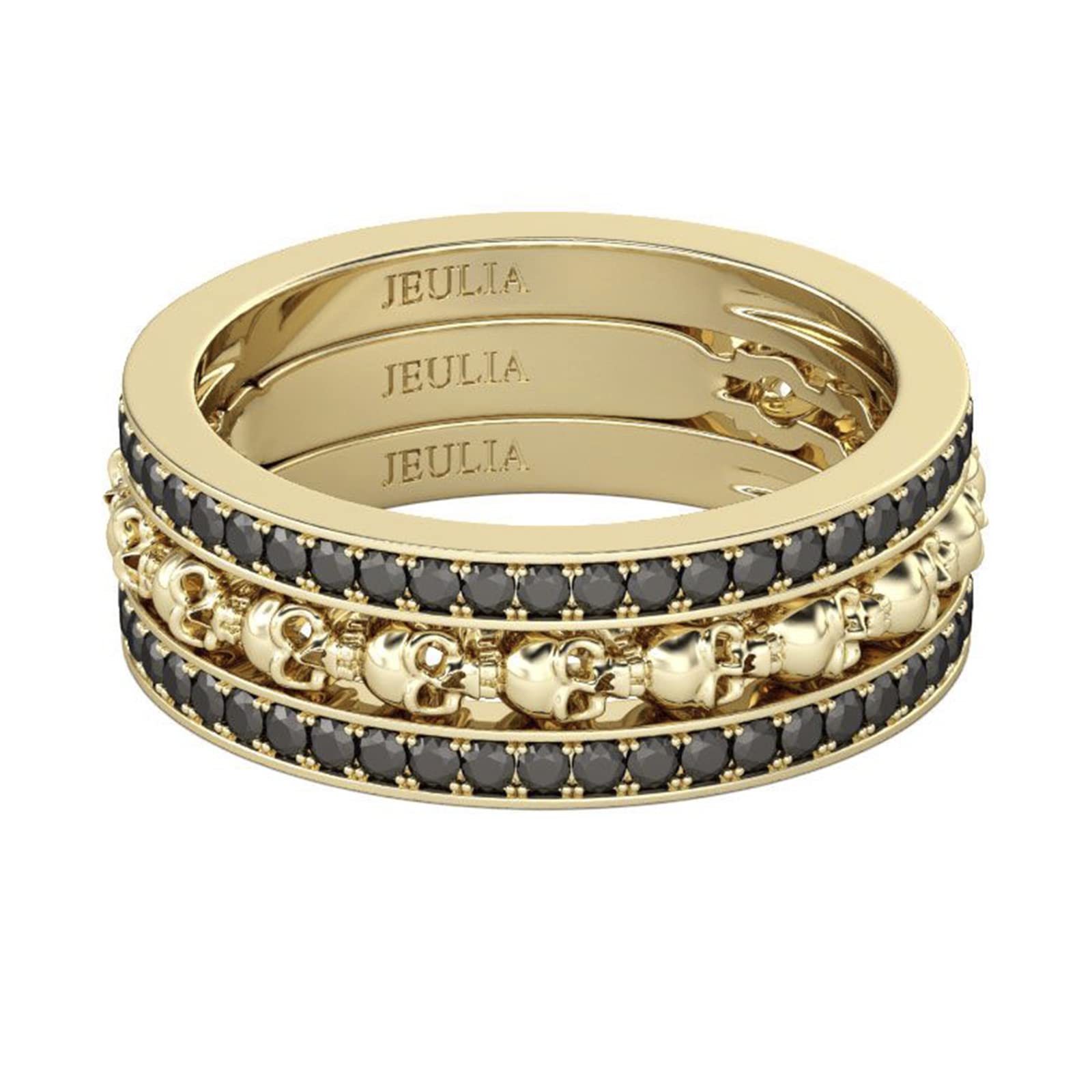 Jeulia 3PC Yellow Gold Tone Skull Band Ring Set for Women & Men - Sterling Silver Eternity Wedding Band with Round Cut Cubic Zirconia - Anniversary Promise Ring for Her, Bride - Jewelry Gift Box Included - Perfect for Valentine's Day, Engagement & Couple Gifts