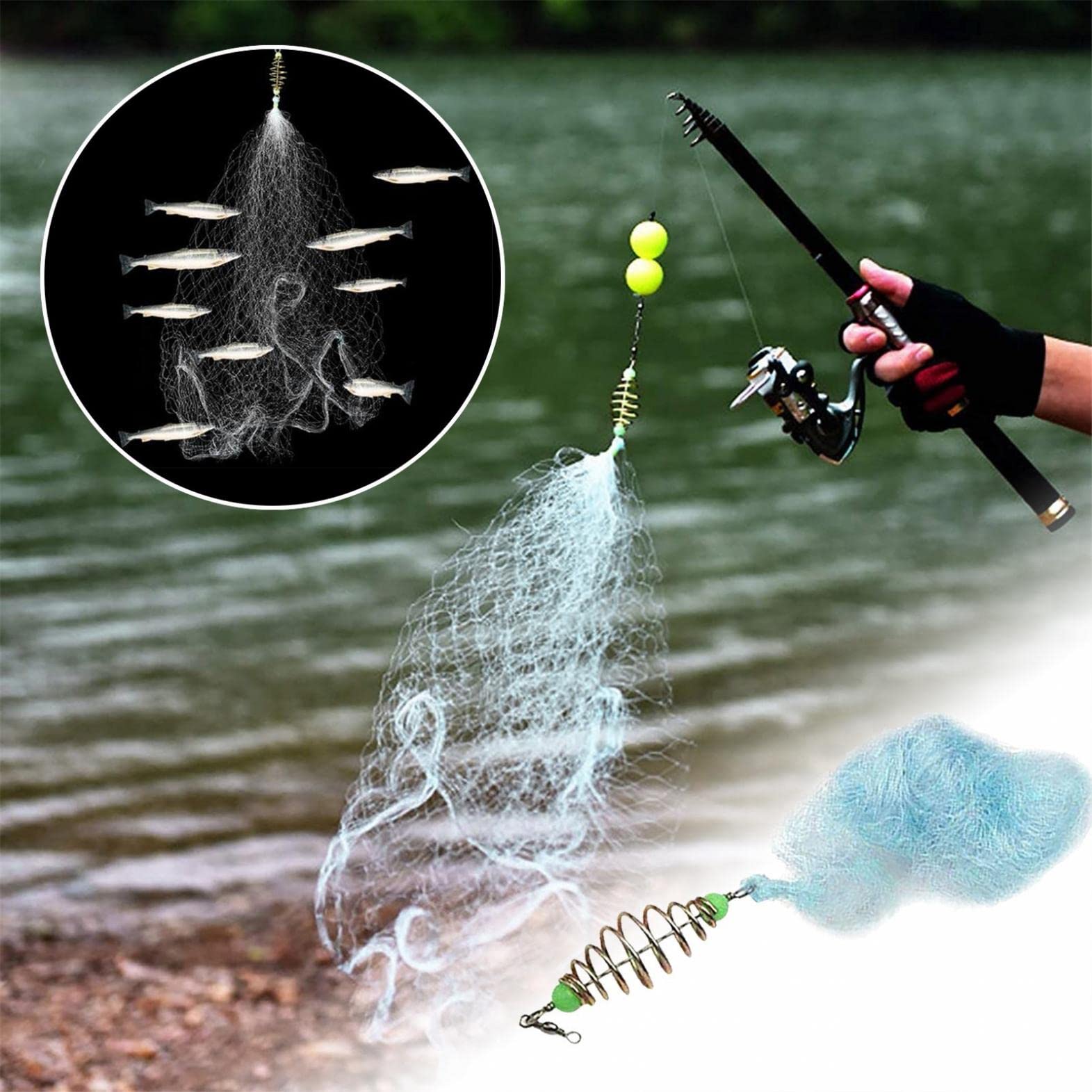 1Pc Luminous Beads Fishing Spring Net - Durable Nylon Mesh with Copper Spring - Foldable Collapsible Shoal Fishing Net for Freshwater & Saltwater Angling - Perfect for Shore Fishing, Kayak Fishing, and Outdoor Adventures