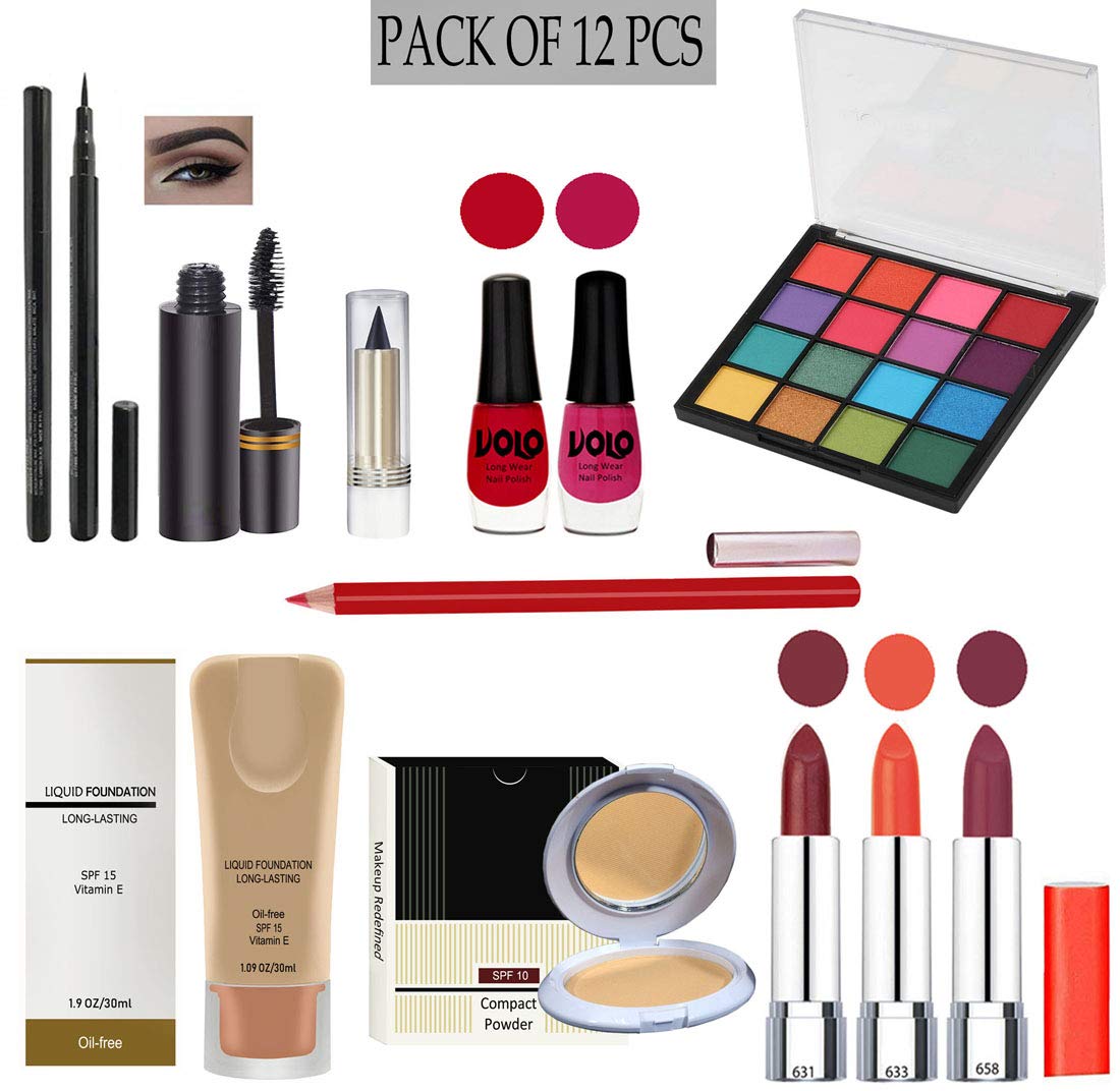 G4U Complete 12-Piece All-in-One Makeup Kit for Women - Includes 3 Lipsticks, Eyeliner, Mascara, Kajal, 2 Nail Polishes, 16-Color Eyeshadow Palette, Foundation, Compact Powder & Lipliner | Perfect for Travel, Everyday Use & Professional Makeup Looks