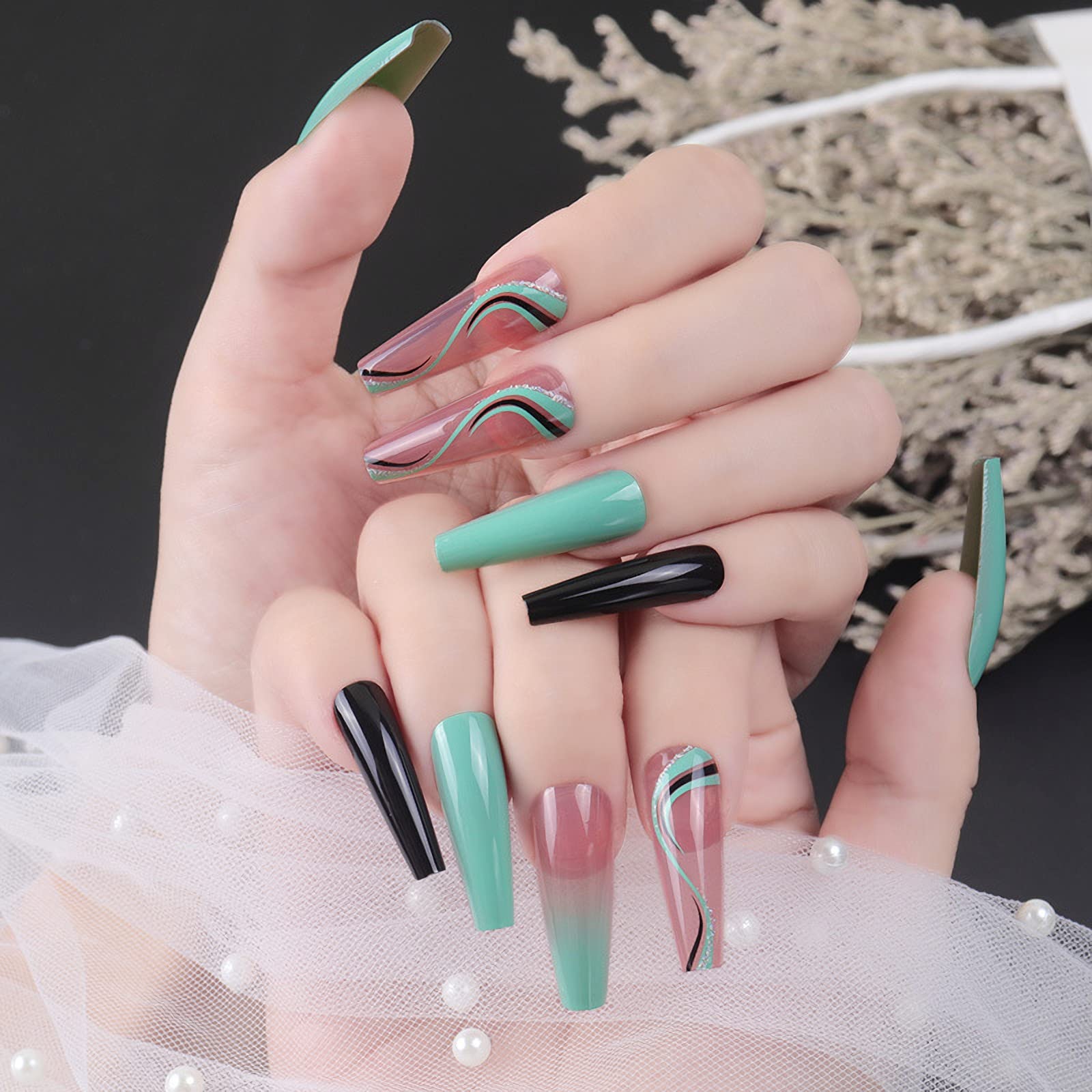 BABALAL Glossy Press on Nails - Long Ballerina Full Cover Tips with Swirl UV Gel Design, Abstract Nail Art for Women & Girls | Perfect for Parties, Weddings, and Special Occasions