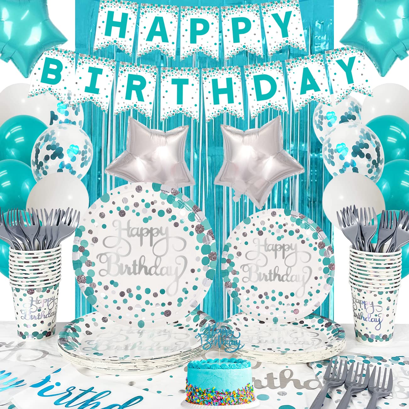 Teal Blue Birthday Party Supplies for 20 Guests - 80-Piece Set with Plates, Cups, Napkins, Balloons, Banner, Sash, Cake Topper & Curtains | Perfect for Baby Showers, Bridal Showers & Birthday Celebrations