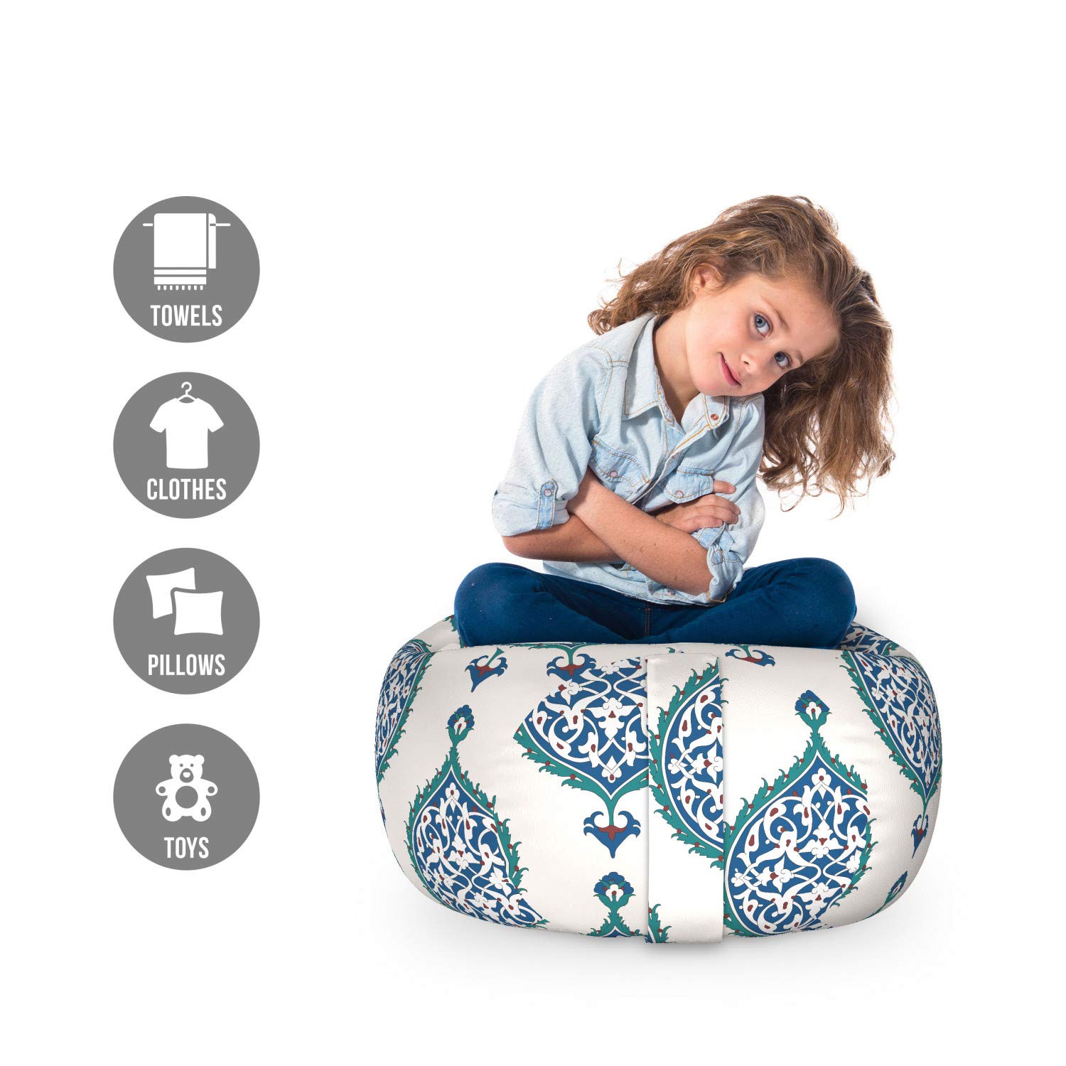 Ambesonne Turkish Pattern Toy Storage Bag Chair - Washable Stuffed Animal Organizer with Eastern Cultural Leaf Design, Small Multicolor - Perfect for Kids' Room, Nursery, or Playroom Organization
