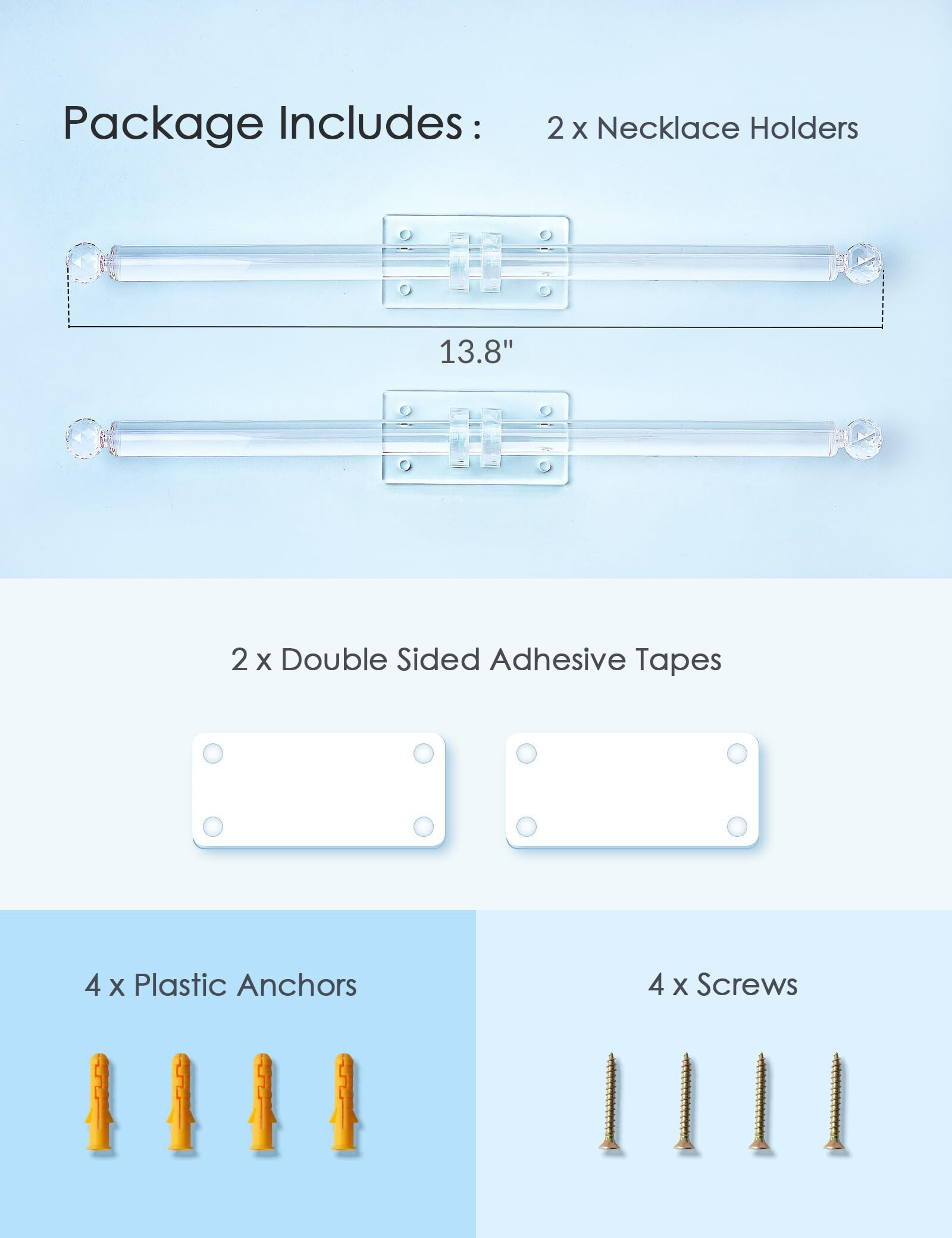 Acrylic Jewelry Organizer - 2-Pack Wall Mount Headband Holder, Bracelet Display Stand, Claw Clip & Necklace Organizer with Hooks for Baseball Caps, Watches, Hair Ties - Perfect for Bedroom, Bathroom & Closet Storage
