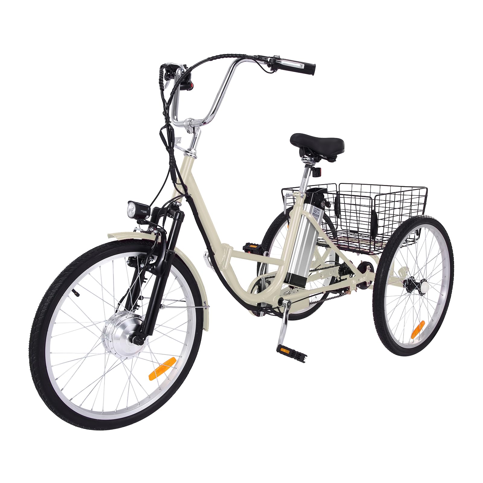 GARVEE 26 Inch Adult 3 Wheel Electric Tricycle with Basket - Fat Tires, 7 Speeds, 350W Motor, 36V 10Ah Removable Battery - Beige - Perfect for Commuting, Shopping & Leisure Rides
