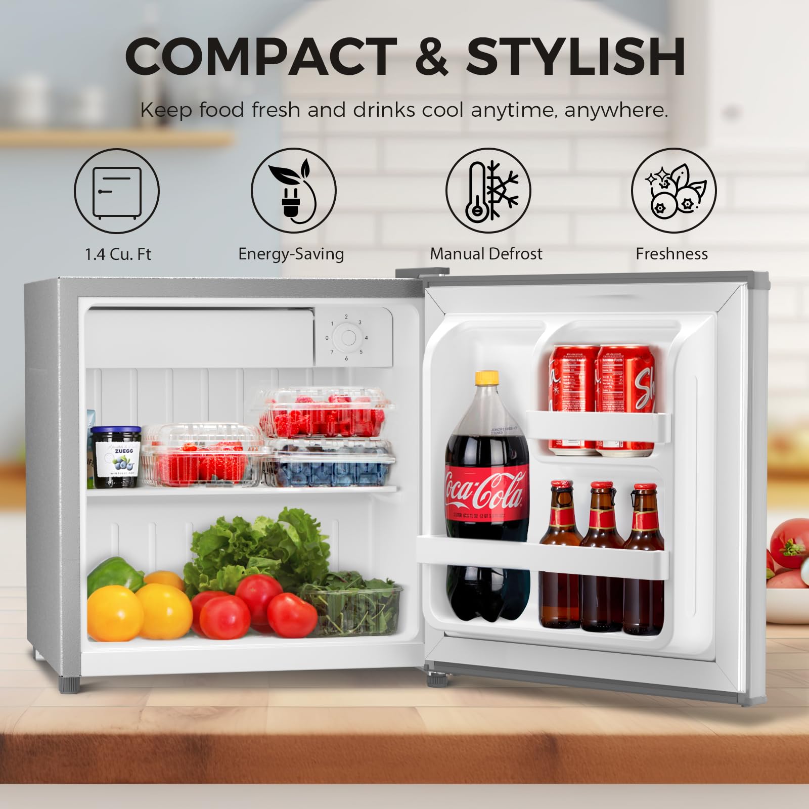 Antarctic Star 1.4 Cu. Ft Compact Mini Fridge with Freezer - Reversible Door, Removable Glass Shelf & Defrost Button - Perfect for Dorm, Bedroom, Office & Small Spaces - Silver (Ideal for Storing Drinks, Snacks & Beauty Products)