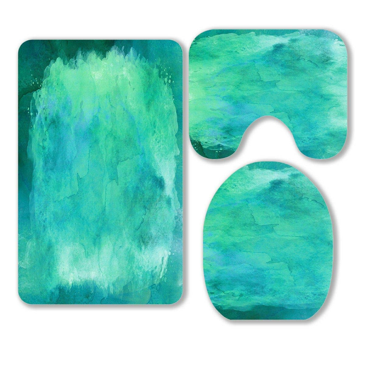 Blue Green Aqua Teal Turquoise 3-Piece Bathroom Rug Set - Non-Slip Bath Mat, Contour Mat & Toilet Lid Cover | Soft Absorbent Cotton for Bath, Shower & Vanity Areas