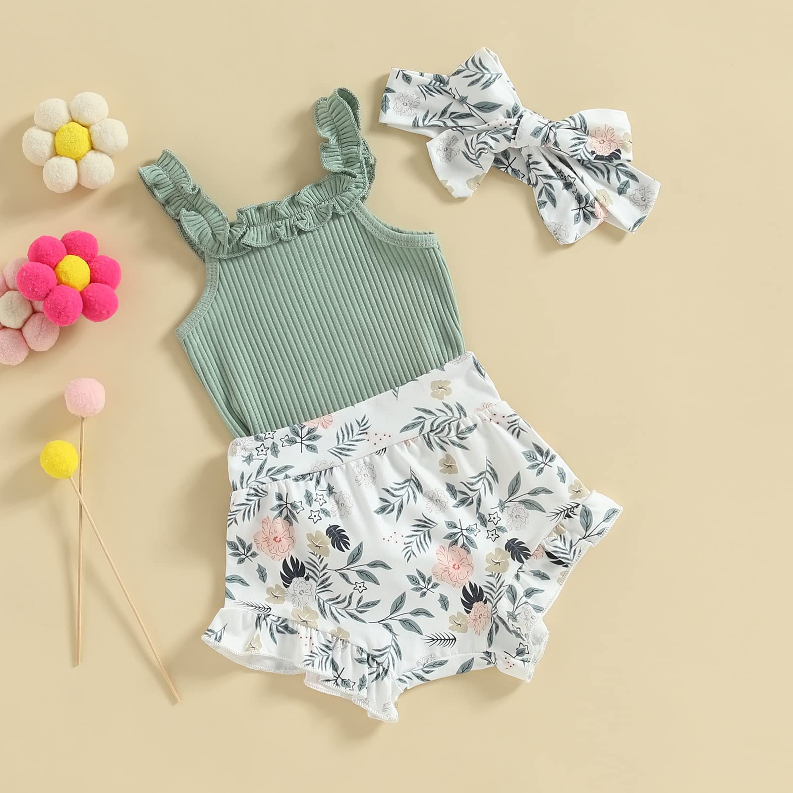 CIYCUIT Newborn Baby Girl Summer Outfit - Ruffle Sleeveless Ribbed Top & Bloomers Shorts Set | Cute Infant Clothes for Photoshoot, Party & Daily Wear