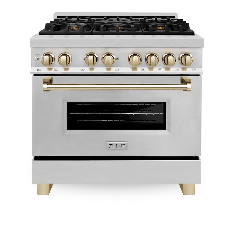 ZLINE Autograph Edition 36-inch Stainless Steel Dual Fuel Range with Range Hood, Dishwasher & Refrigerator - Polished Gold Accents Kitchen Package (4KAPR RARHDWM36 G) | Premium Cooking Appliances for Modern Kitchens & Home Chefs