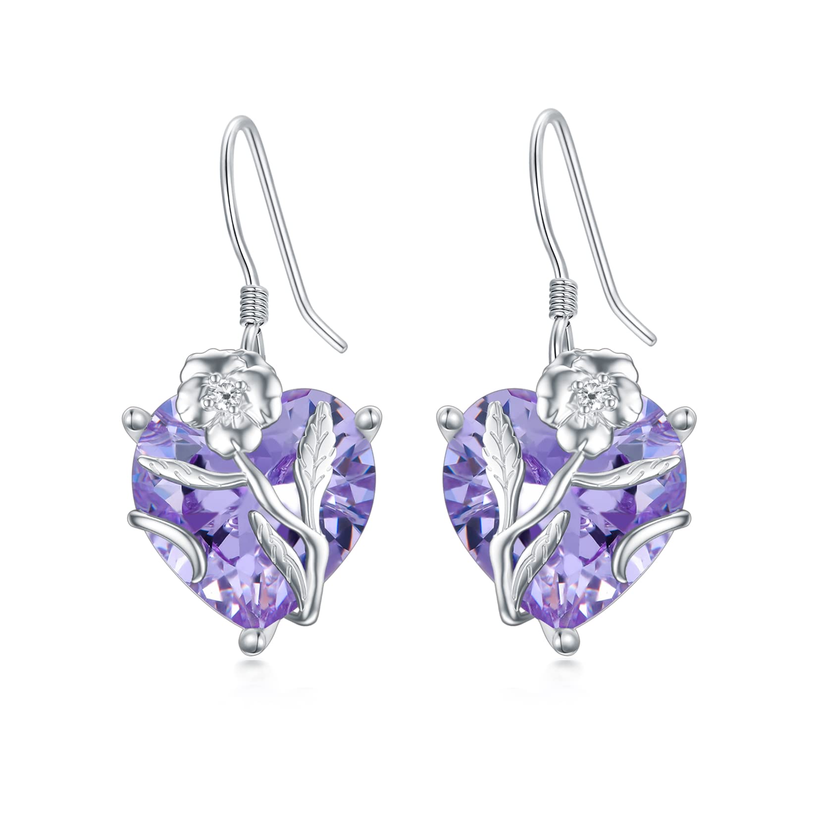 TOUPOP Sterling Silver Birth Month Flower Drop Earrings for Women - Crystal Dangle Earrings with Heart Design, Perfect Birthday Jewelry Gift for Girls & Women | Ideal for Parties, Weddings & Everyday Wear