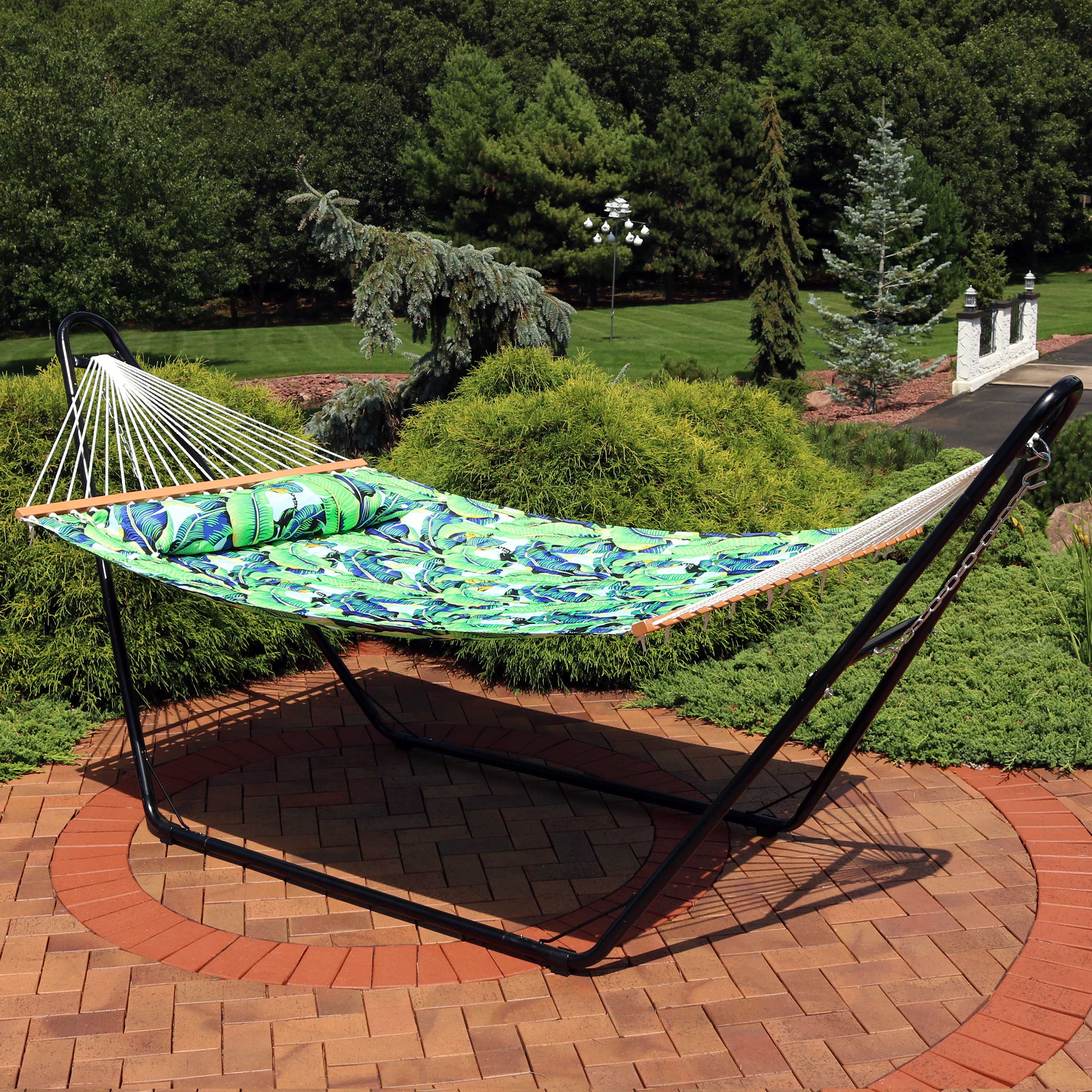 Sunnydaze 2-Person Outdoor Hammock with Spreader Bar & Pillow - Perfect for Backyard Relaxation, Camping, and Beach Lounging