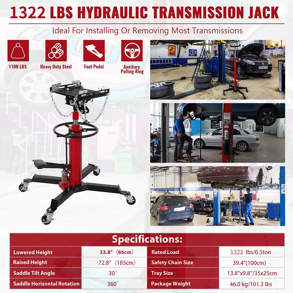 GARVEE 1322lbs Heavy Duty Transmission Jack Lift with Anti-Slip Rubber Pad, Adjustable Telescoping Hydraulic Transmission Jack for Car Repair, High Lift Single Telescopic Jacks Hoist with Pedal, 33.8