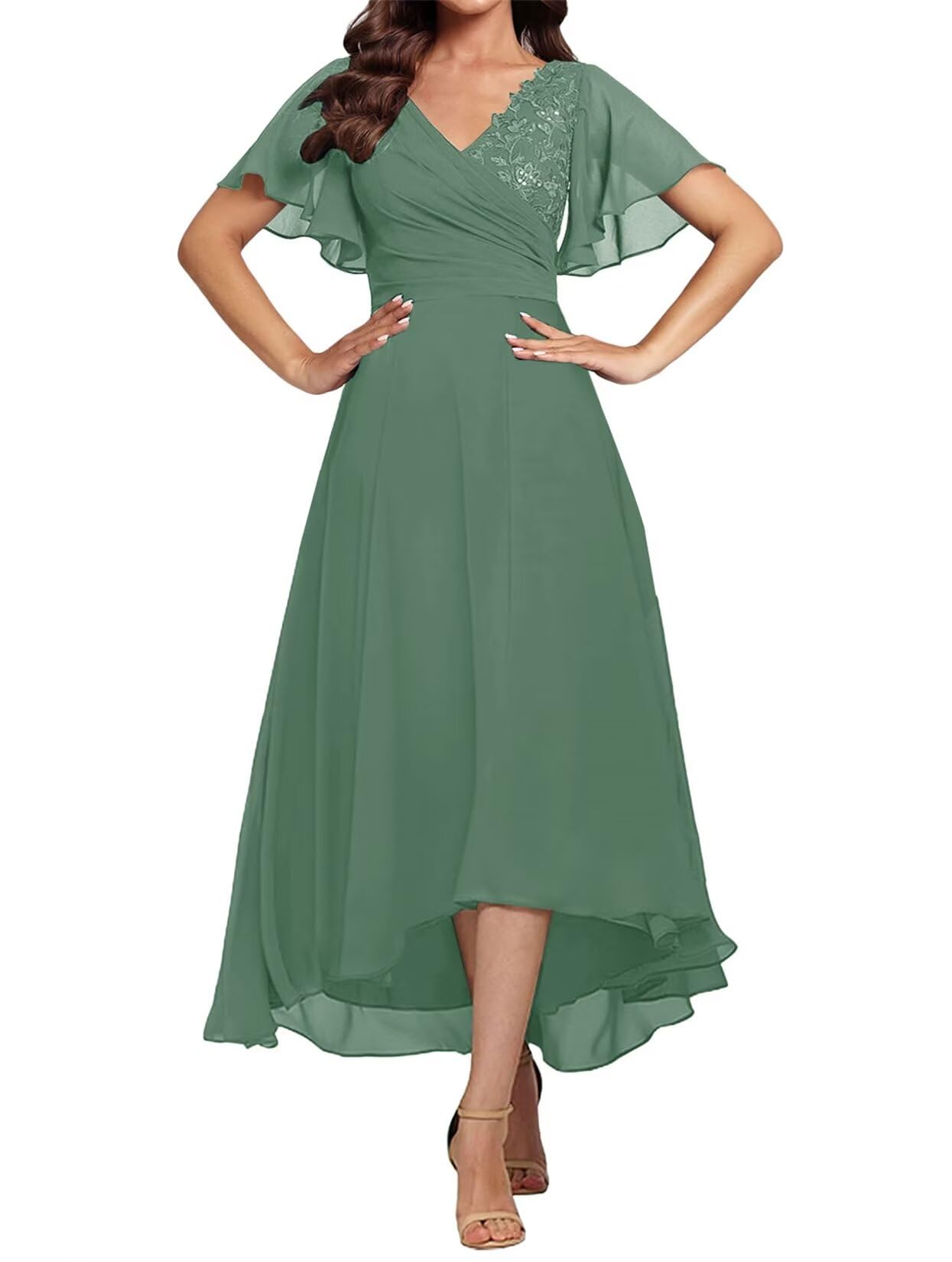 Elegant Tea-Length Mother of The Bride Dress with Lace Appliques & V-Neck - Perfect for Weddings, Receptions & Formal Events