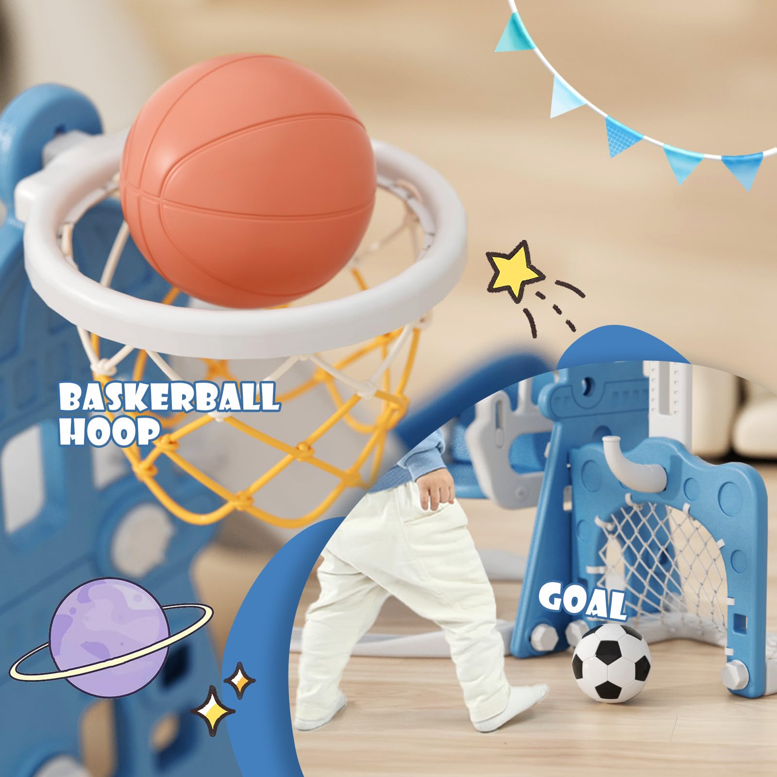XJD 6-in-1 Toddler Slide and Swing Set for Kids Ages 1-3 - Outdoor Indoor Playground with Basketball Hoop, Football Frame & Swing - Blue | Perfect for Backyard, Garden, Nursery & Daycare Play Areas