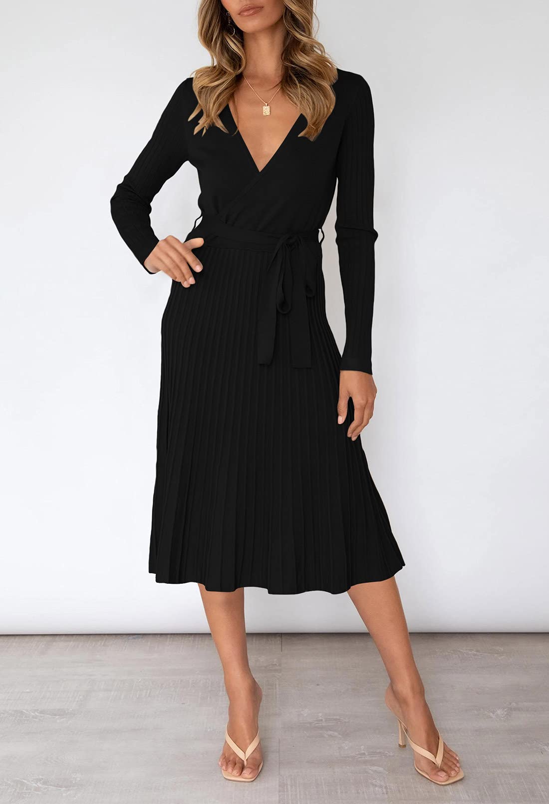 Pink Queen Women's Wrap Sweater Dress - V Neck Long Sleeve Ribbed Knit Midi Dress with Belt | Casual Office Wear & Fall Winter Fashion