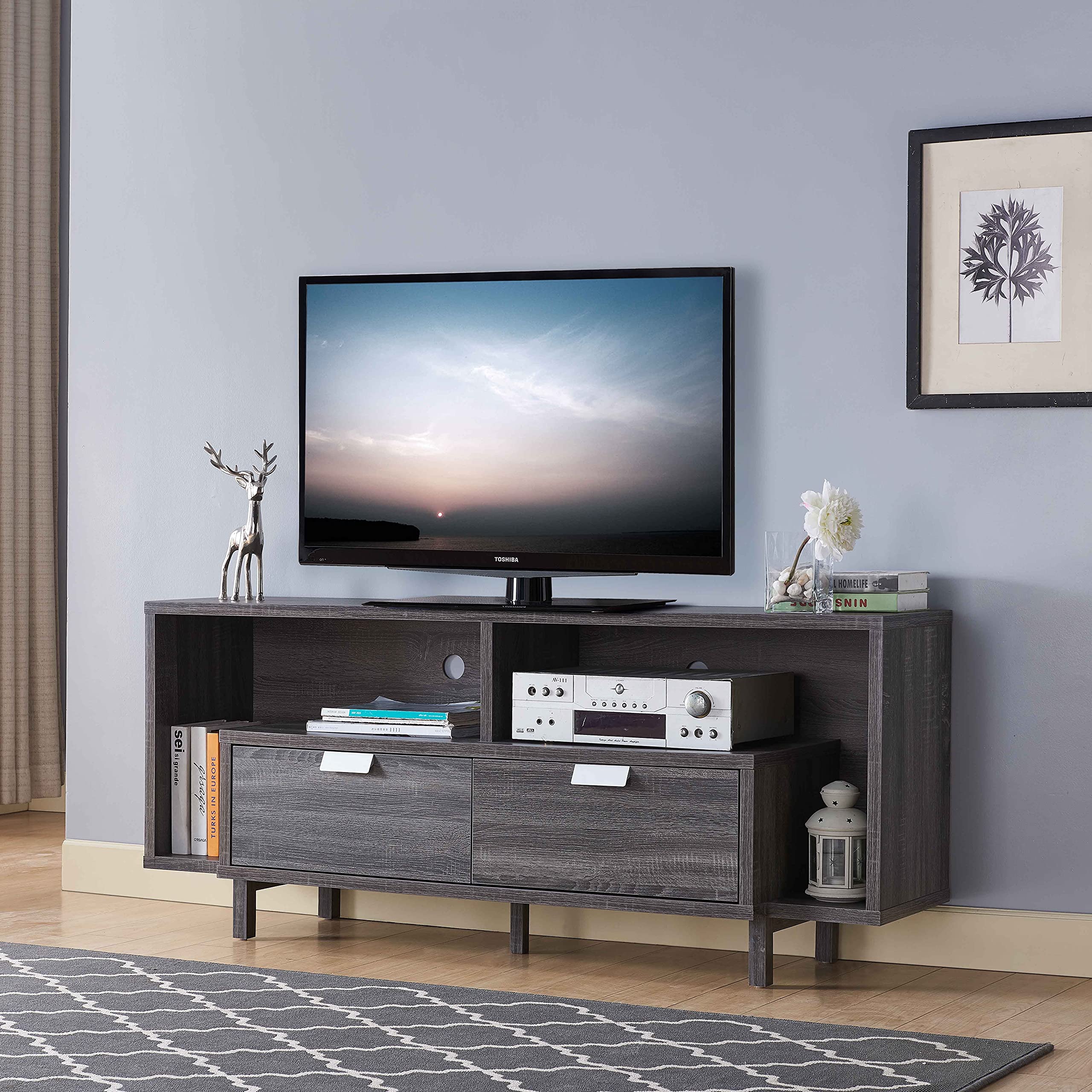 Distressed Grey TV Stand with 2 Drawers & 2 Shelves - Rustic Entertainment Center for Living Room, Perfect for TV Storage & Media Display - Fits 65 Inch Flat Screen TVs