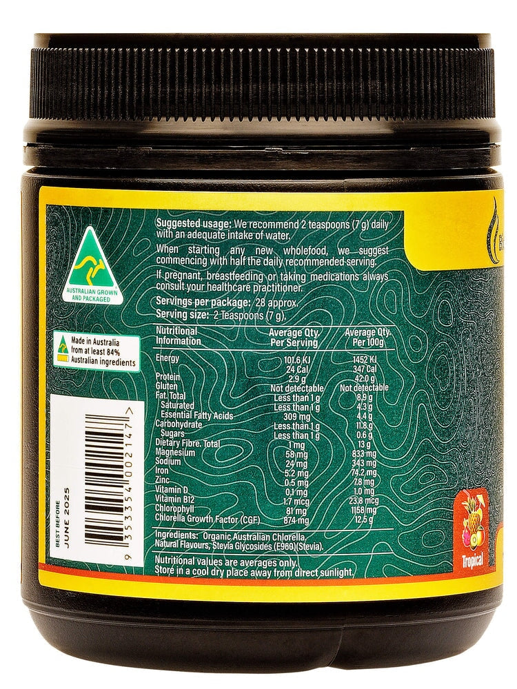 Organic Chlorella Powder 200g - Australian Grown, Tropical Flavor | Superfood Supplement for Detox, Energy Boost & Immune Support | Perfect for Smoothies, Juices & Wellness Drinks