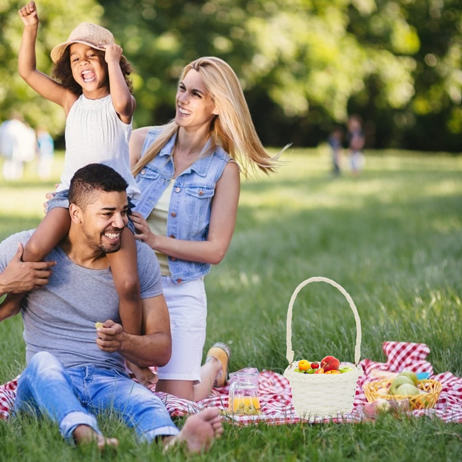 6-Piece Mini Rattan Baskets Set with Handles - Wedding Party Favors, Candy Display, Home Decor, Planting & Serving Trays | Plastic Wicker Baskets for Girls, Gingham Style | Perfect for Baby Showers, Bridal Events & DIY Crafts