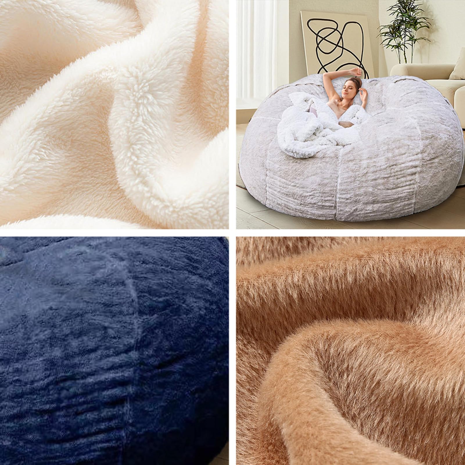 7FT Giant Round Bean Bag Chair for Adults & Kids - Fluffy, Comfy, No Filling Required - Grey Lazy Sofa Cover for Reading, Floor Lounging, Gaming & Relaxation