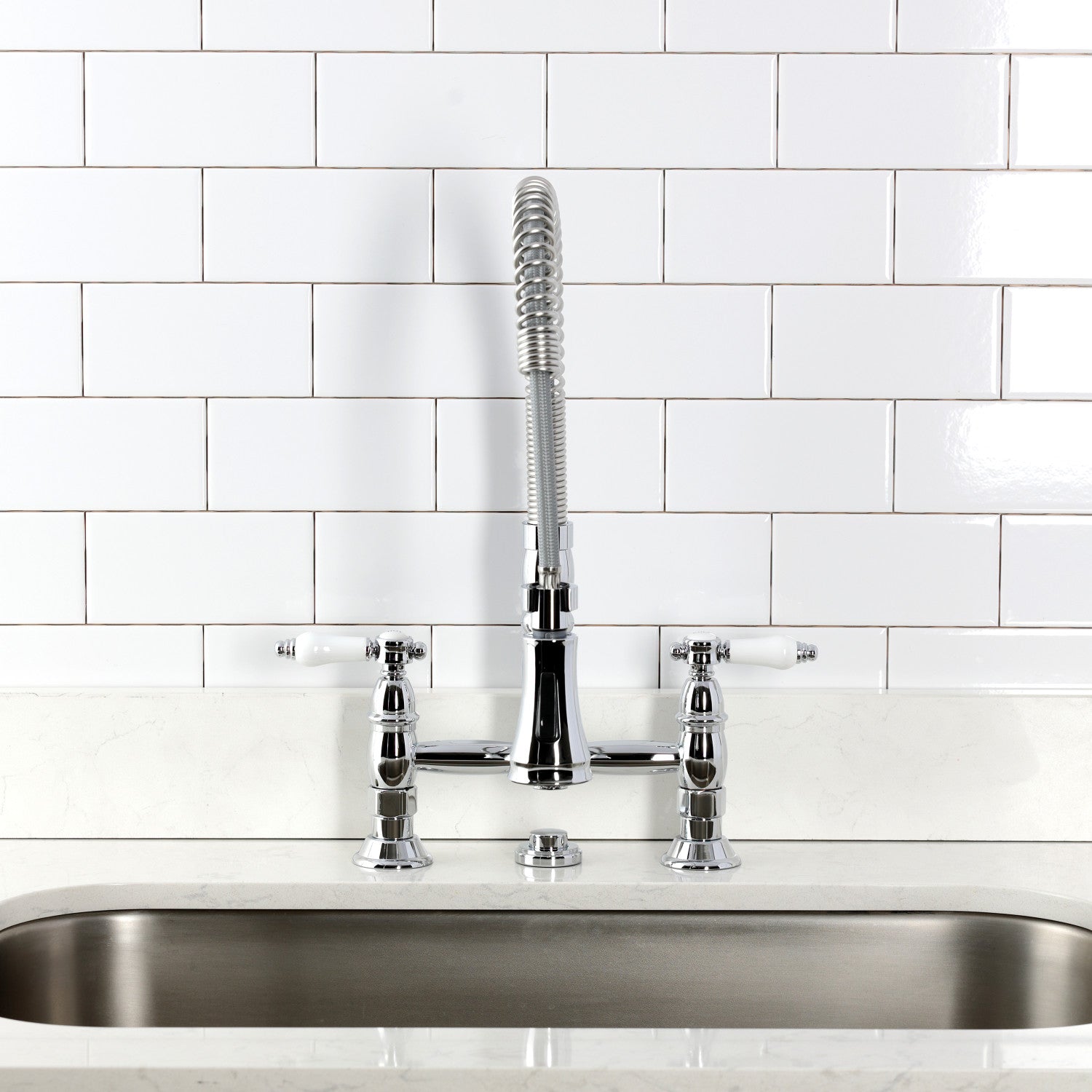 Bel Air GS1271BPL Double Handle 2 Hole Deck Mount Pre Rinse Bridge Kitchen Faucet in Polished Chrome - Perfect for Commercial Kitchens, Restaurants, and Heavy-Duty Home Use