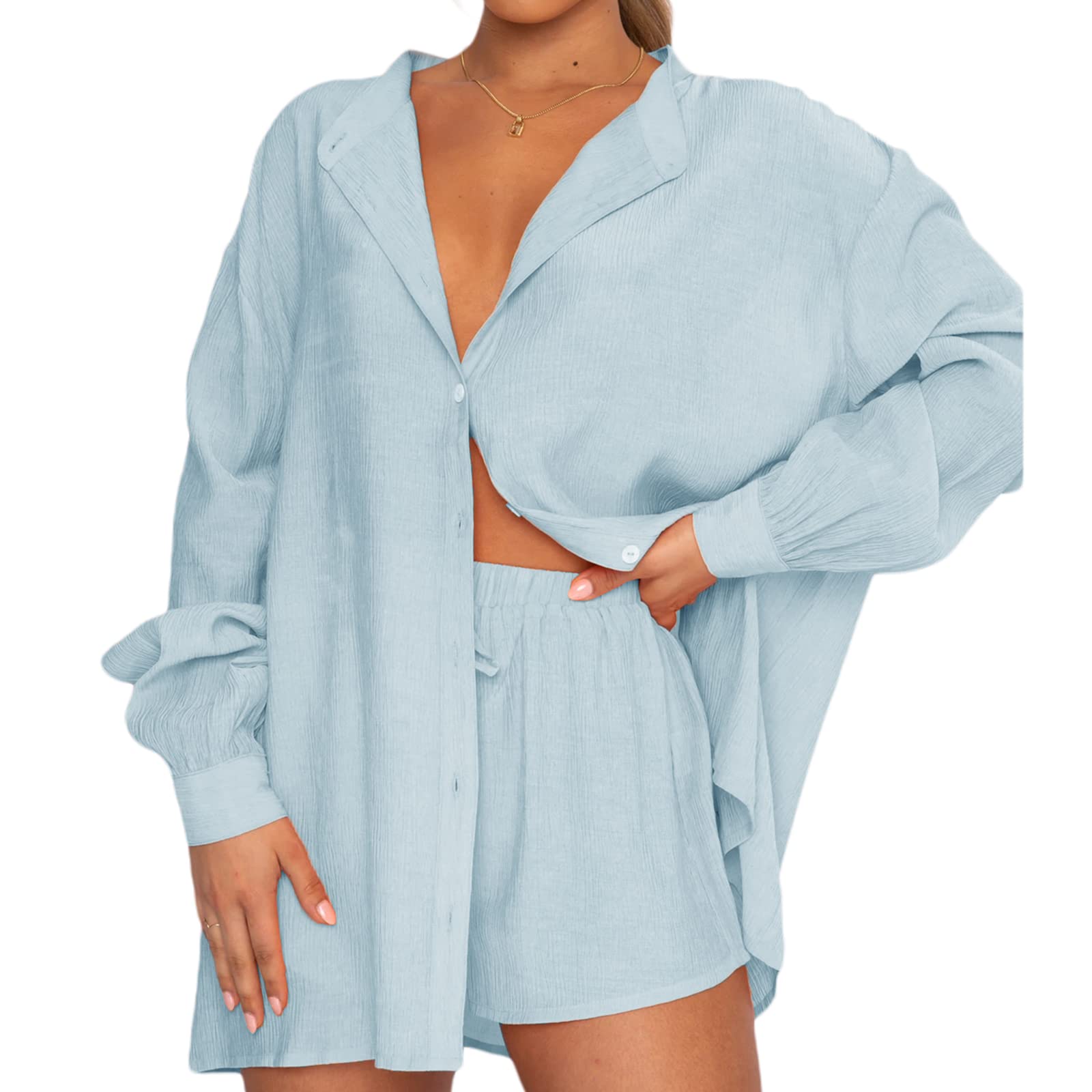 Women's Summer Casual 2-Piece Outfit Set - Long Sleeve Shirt & Shorts | Y2K Streetwear Loose Fit Sweatsuit | Perfect for Beach Vacation, Street Style & Summer Travel