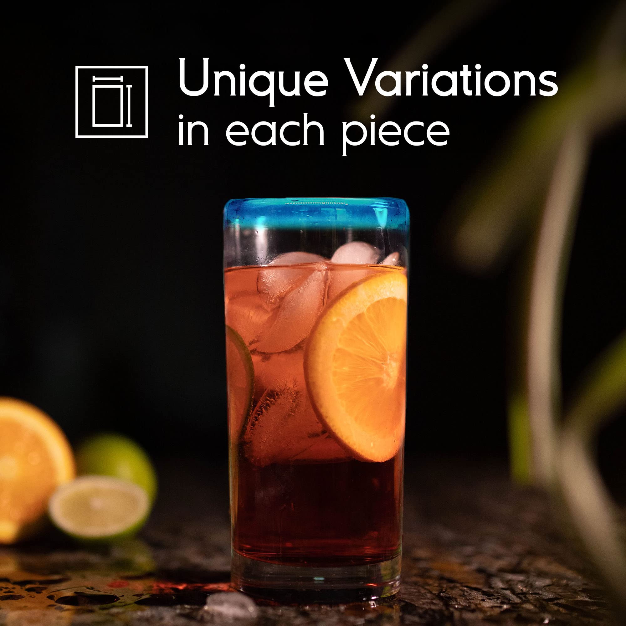 Premium 20 oz Aqua Blue Rim Tall Iced Tea Glasses - Set of 6 Handmade Mexican Recycled Glass Cups | Lead-Free & Non-Toxic | Perfect for Iced Tea, Lemonade, Cocktails & Summer Beverages