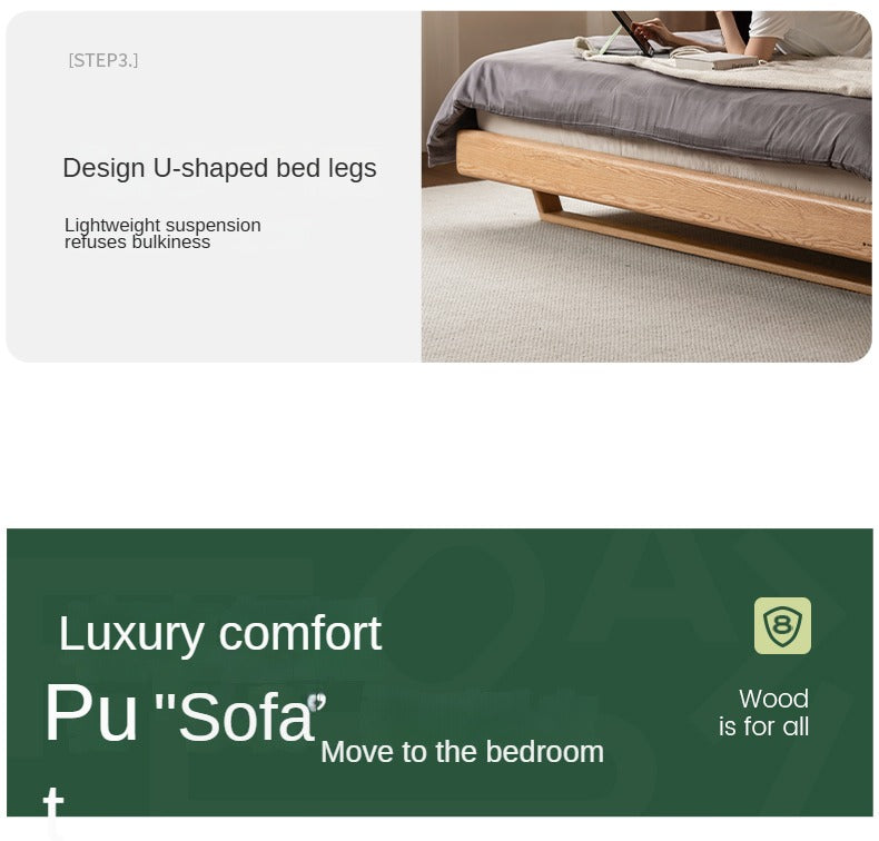 Italian Light Luxury Solid Wood Bed in Oak & Ash with Genuine Leather Upholstery - Perfect for Master Bedrooms, Guest Rooms & Modern Home Decor