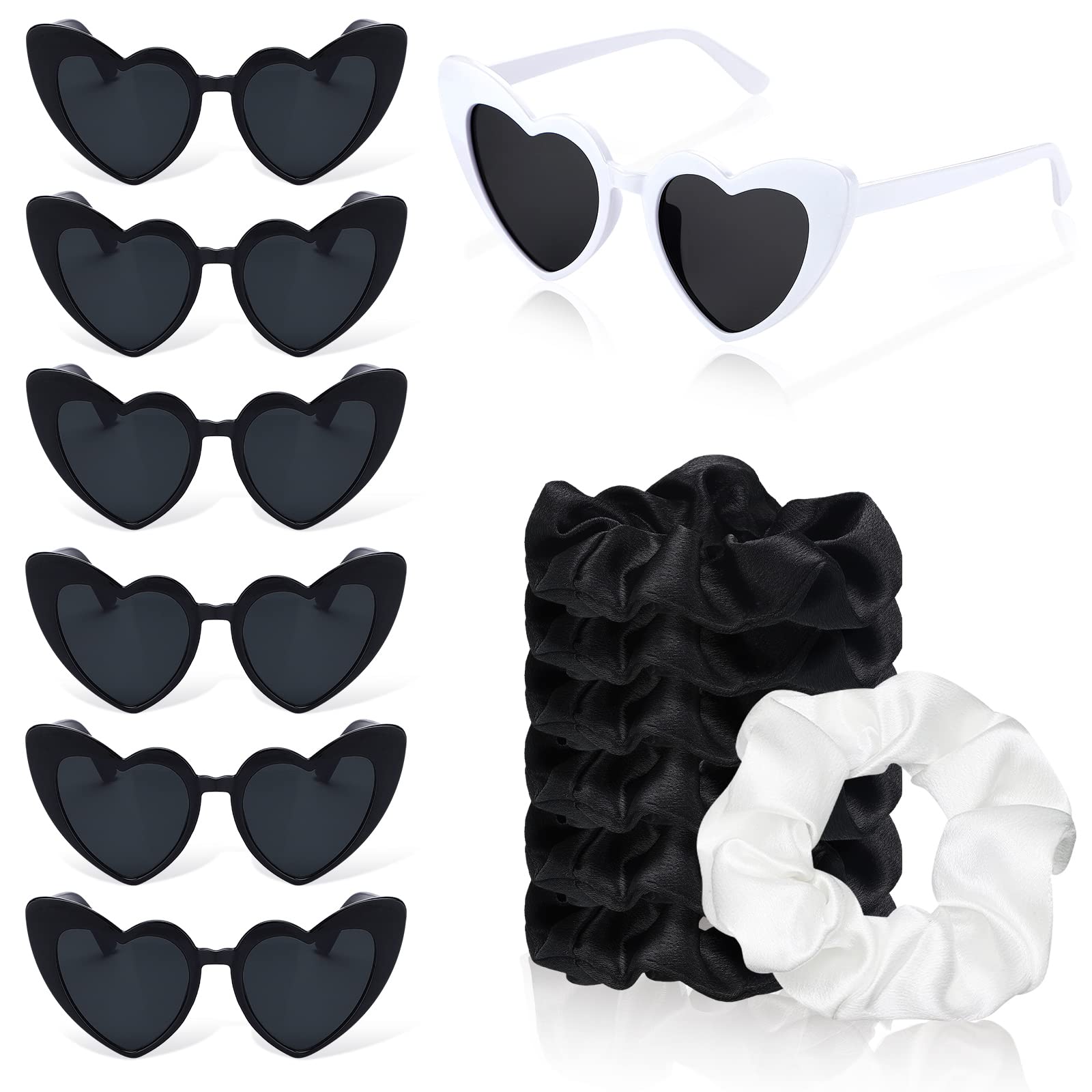 Heart Shaped Sunglasses & Satin Bridesmaid Scrunchies Set - 7 Pack Wedding Party Favors, Bachelorette Gifts for Women & Girls (Black/White) - Perfect for Bridal Showers, Beach Weddings & Girls' Night Out