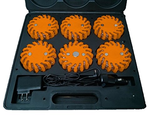 RPF16LM6 - 6-Pack Amber Rechargeable 9-Function Portable 16 LED Power Flare Roadside Emergency Magnetic Safety Lights - Perfect for Roadside Emergencies, Construction Zones & Vehicle Breakdowns
