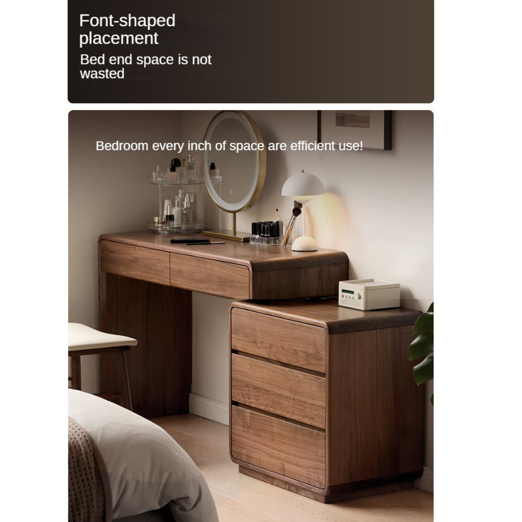 Solid Black Walnut Wood Dressing Table with Drawers - Elegant Vanity Desk for Bedroom, Makeup & Jewelry Storage