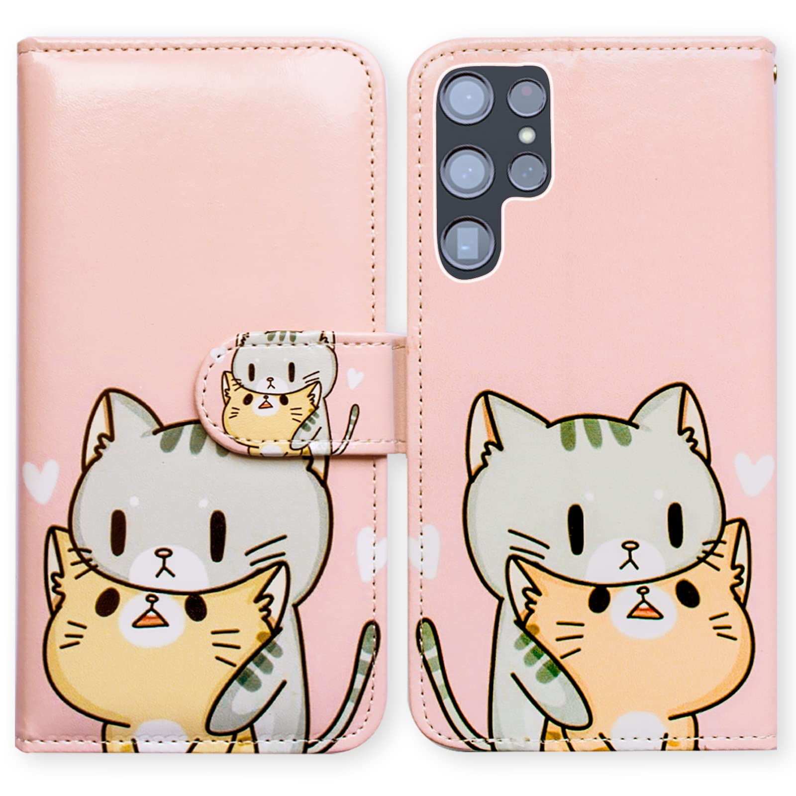 Premium Leather Wallet Case for Samsung Galaxy S22 Ultra - Green Cat Yellow Cat Design with Multi-Card Slots, Flip Cover & Wrist Strap | Perfect for Everyday Use, Travel & Business Meetings